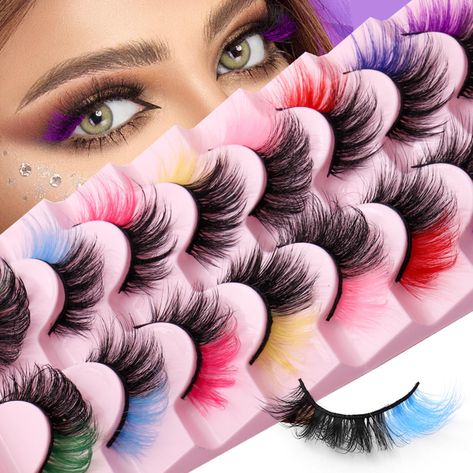 Fankexi 8 Pairs Colored False Eyelashes Fluffy Faux Mink Lashes Russian Strip Long Eye Lashes Colorful Extension Volume Fake Eyelashes with 8 Color Mixed,Clear