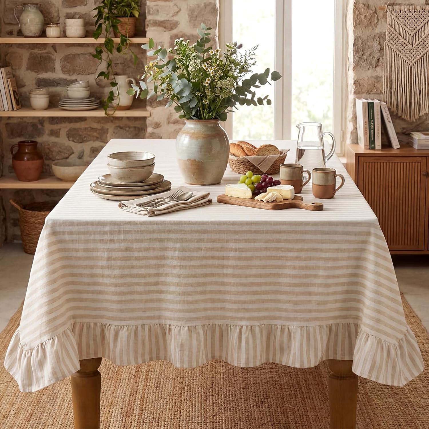 Boao Cotton 52 x 70 Inch Farmhouse Ruffle Tablecloth Beige White Striped Flounces Trim Table Cover for Rectangle Table Kitchen Party Wedding Decor