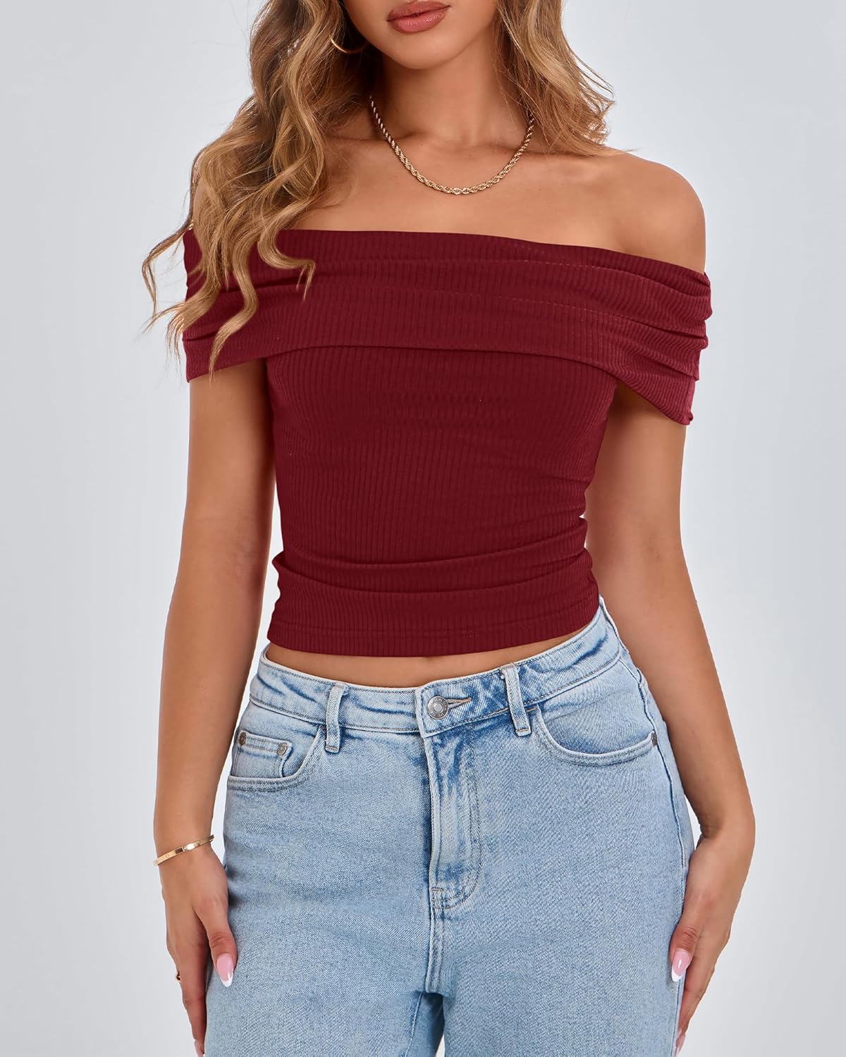 BTFBM Women's Off Shoulder Summer Tops 2025 Ribbed Knit T Shirts Short Sleeve Stretchy Slim Fit Trendy Going Out Top - (color: Wine Red, size: Small)