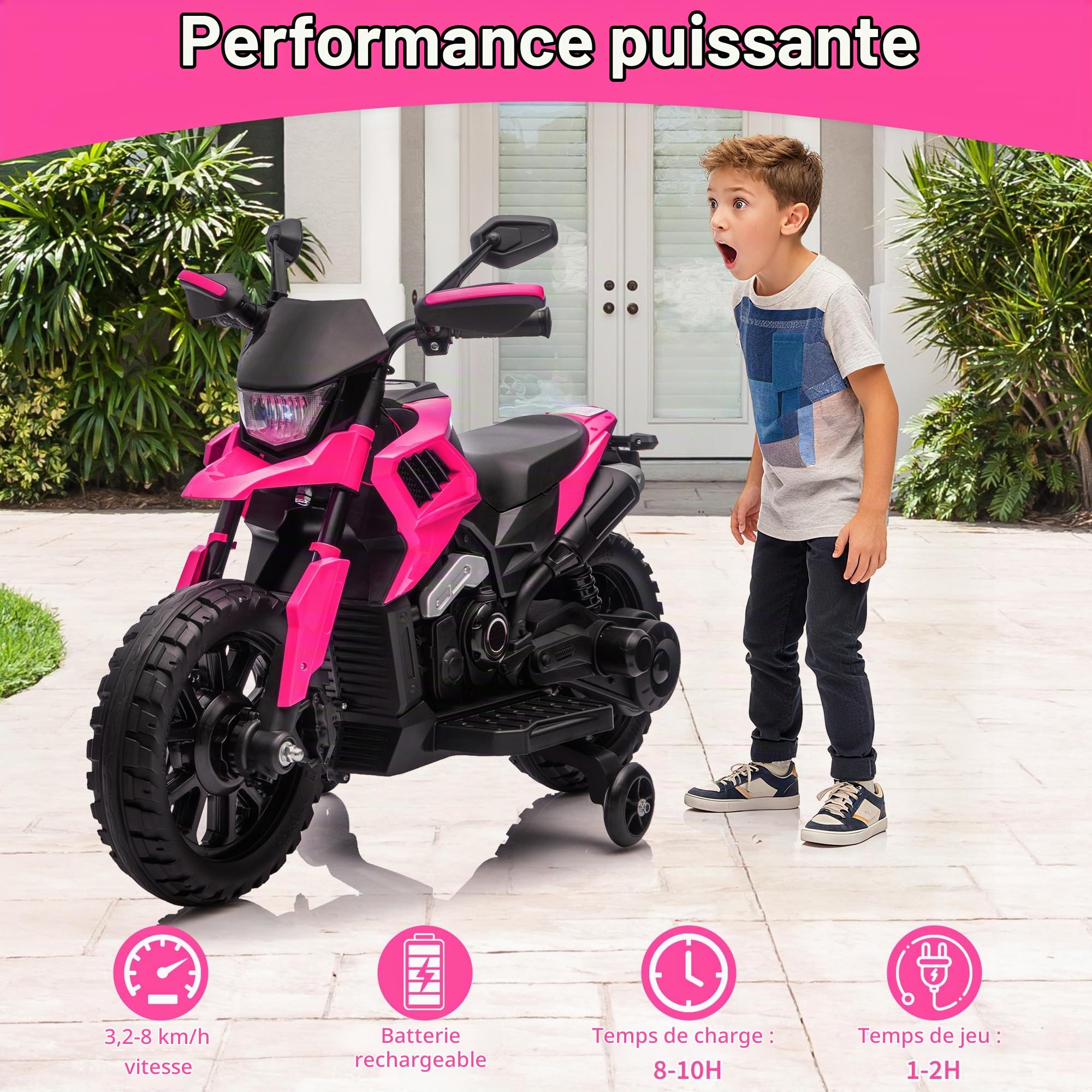 Moto Électrique Enfant 6V avec Roues Stabilisation, Moto Enfant Électrique avec 3 Vitesses Réglables, Véhicule Électrique Enfant Jusqu'à 6 Km/h, Batterie Rechargeable