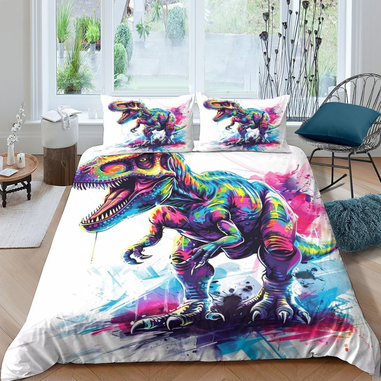 Ctjqhvkz Style-9 3D Printed Colorful Dinosaur Fitted Sheet Microfiber Bedroom Decor Graffiti T-Rex Mattress Cover For Home Dorm Single（135X200cm）