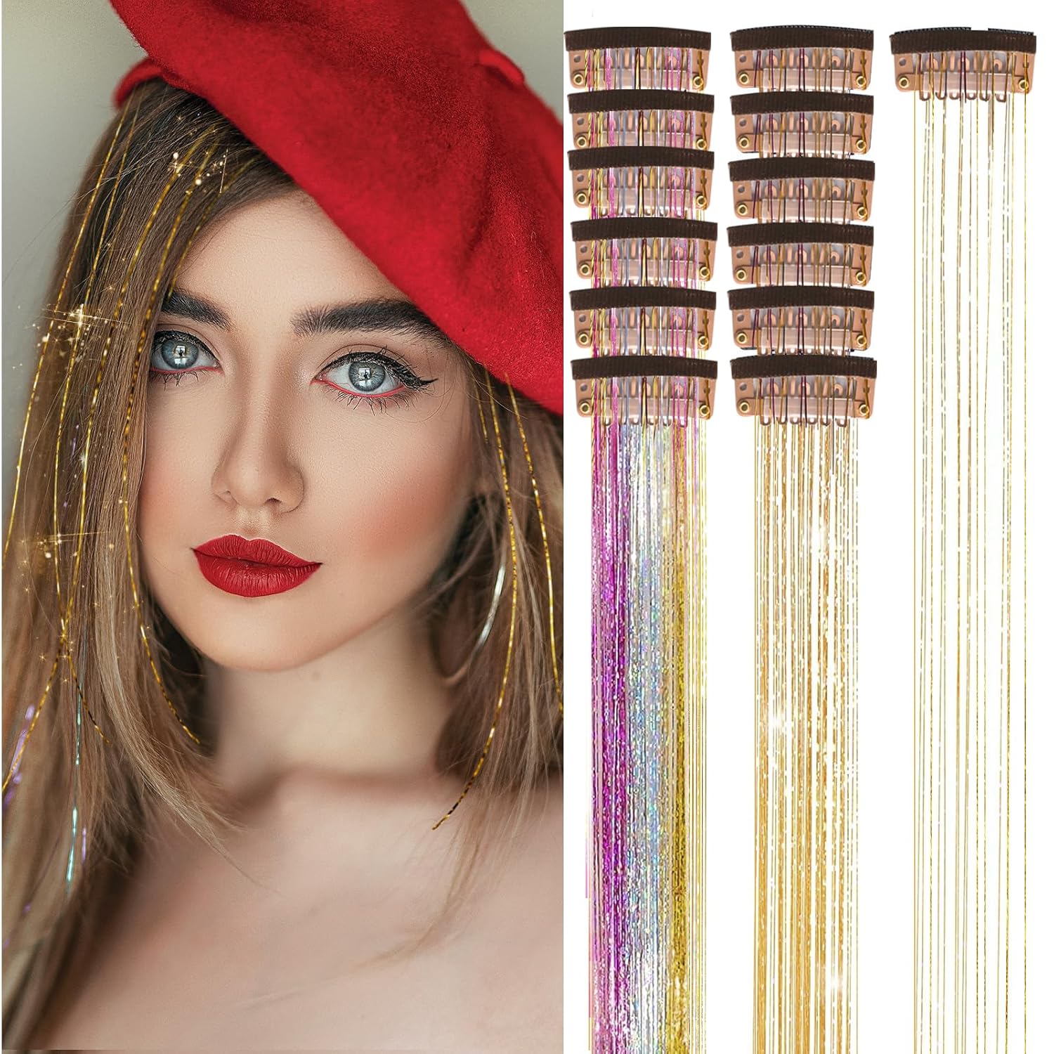 12Pcs Clip in Hair Tinsel Kit, 20 Inch Hair Extensions