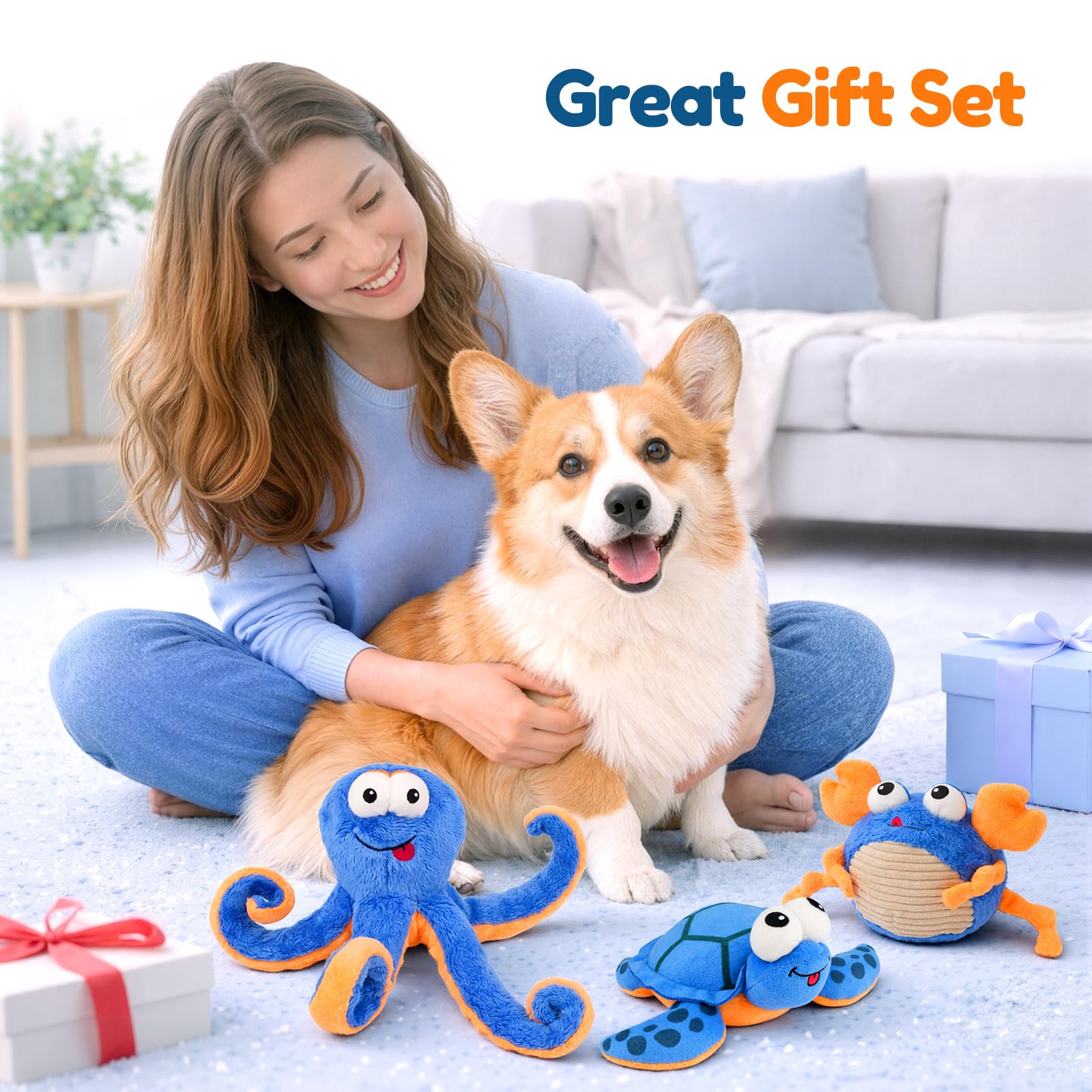 Quietschendes Hundespielzeug-Set – Ozean-Thema, Plüsch-Hundespielzeug für kleine und mittelgroße Hunde, Welpenspielzeug, um Hunde zu beschäftigen, Hundegeschenk