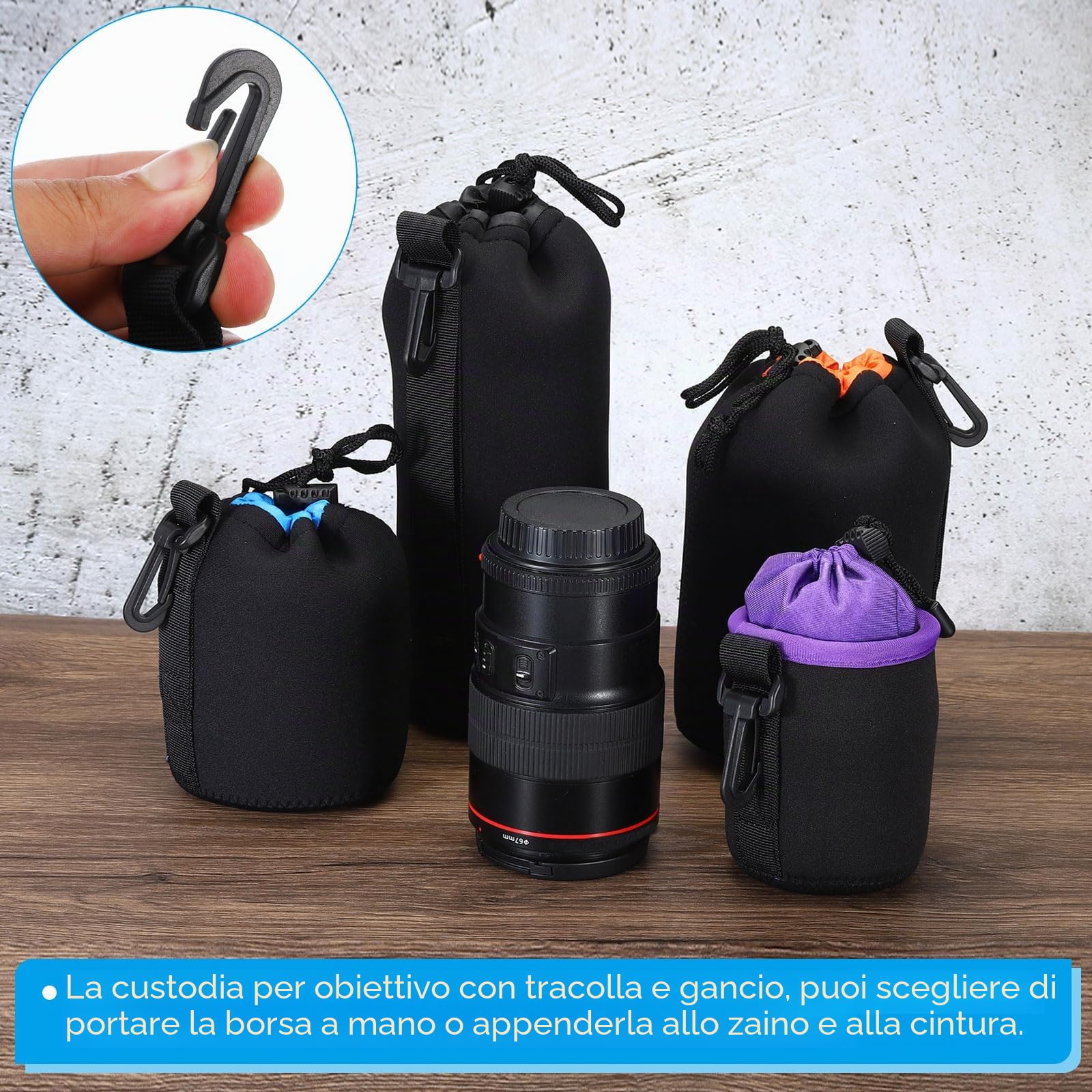 PATIKIL Borsa per Obiettivo Fotografico, 2 Pz,3.1" Idx3.9 H Sacchetto Coulisse Neoprene Spesso Protettivo Custodia Obiettivo Fotocamera Dslr, Tazze d'Acqua e Caffè, Nero, Arancione