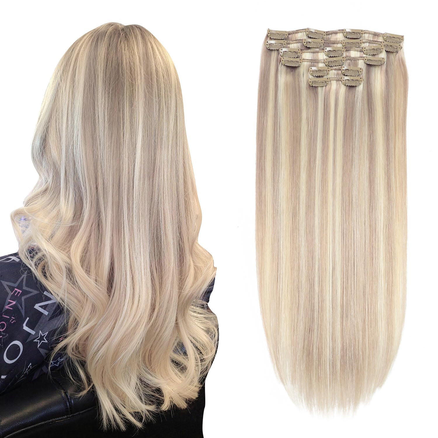 XDhair Clip in Extensions Echthaar Blond Echthaar Extensions | 35cm 100g,Ashblond Highlight Gebleichtes Blond Clip in Remy Haarverlängerungen Echthaar #18P613,14 Zoll 6 Stück