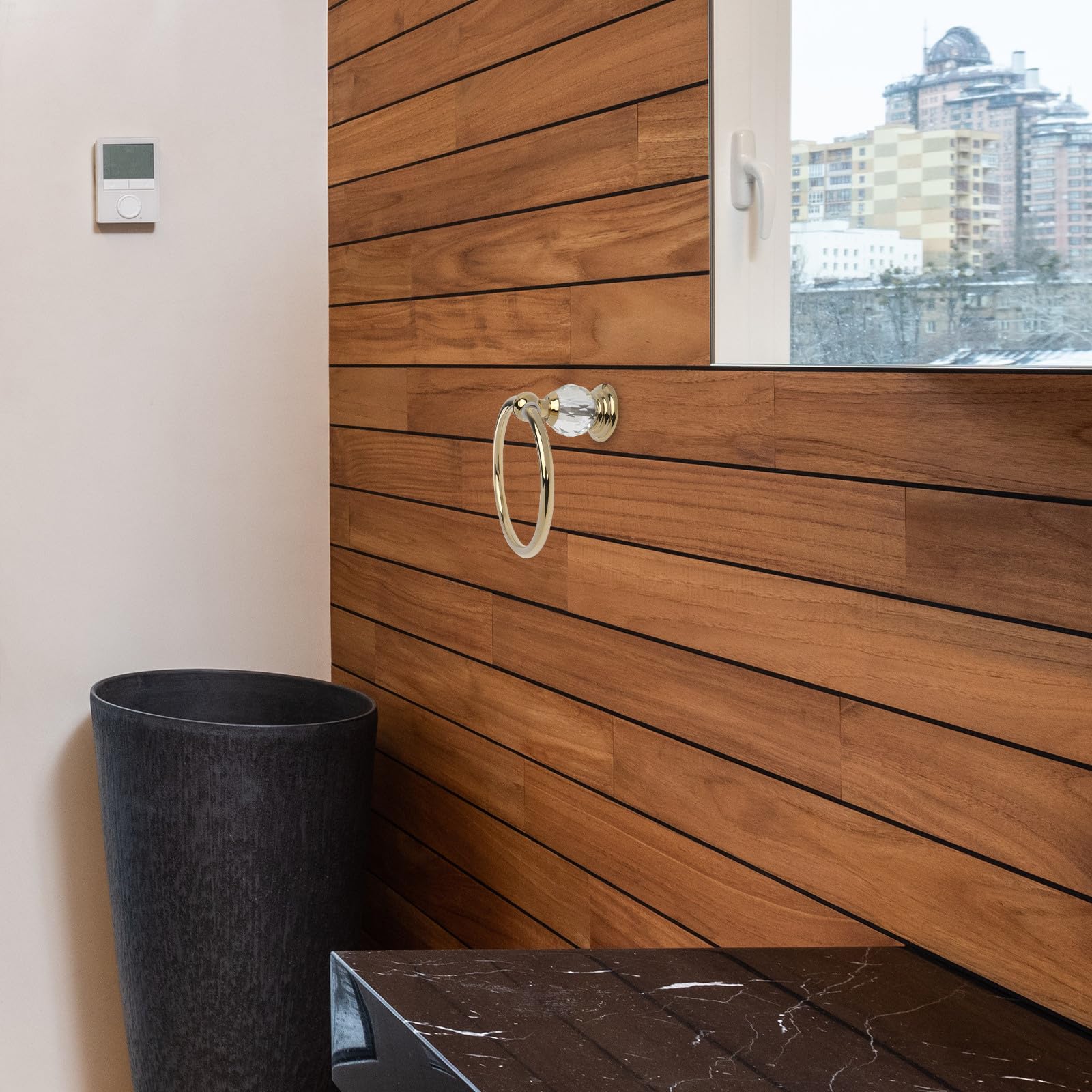 Portasciugamani da Parete Anello Rotondo in Acciaio Inox Dorato, Gancio Portasciugamani Salvaspazio per Bagno e Cucina, Accessorio Bagno Retrò Compatto