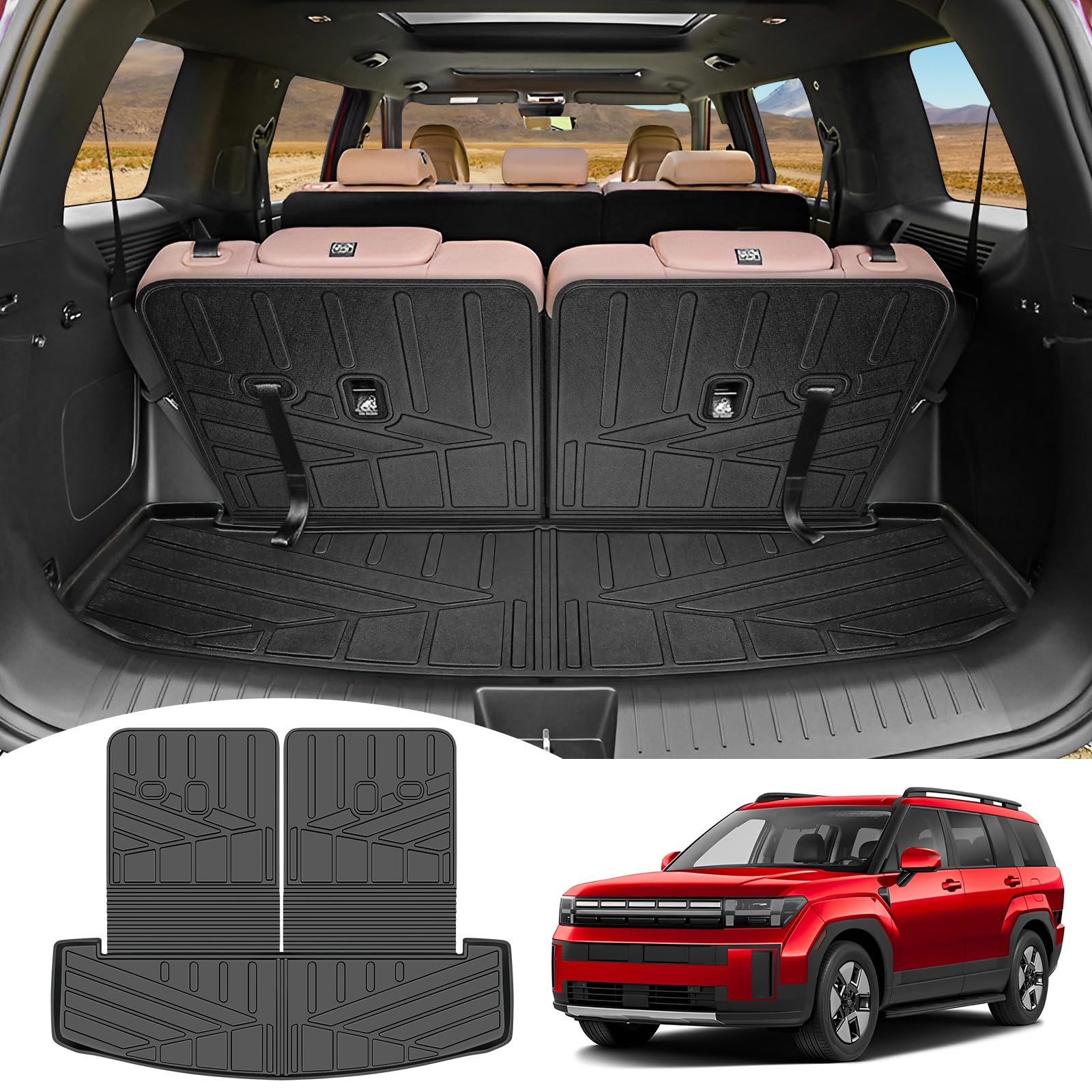 Trunk Mat & Backrest Mat for 2024 2025 Hyundai Santa FE Cargo Mats (3rd Row Seats) All Weather Rear Seat Back Cargo Liners for 24+ Hyundai Santa FE Accessories