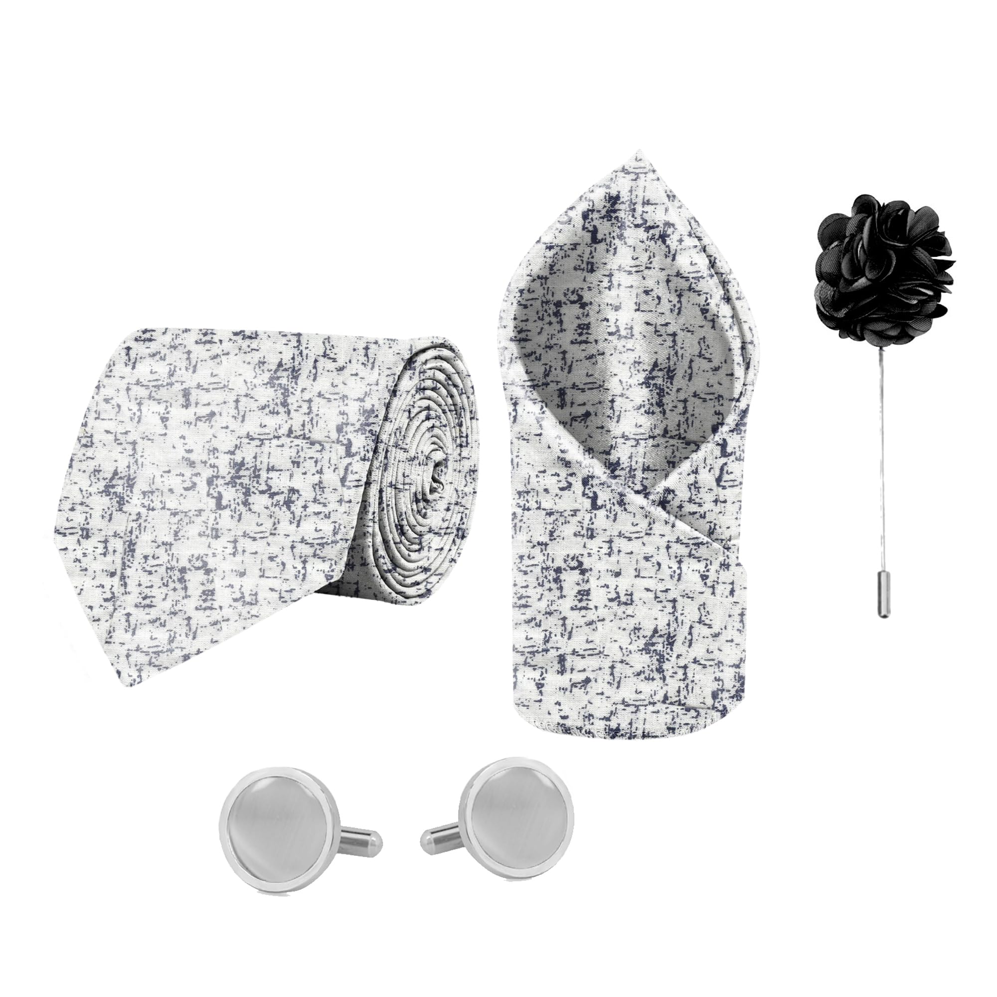 blacksmith White Crackal Printed Tie and Pocket Square Set for Men with Natural Stone Cufflink and Matching Flower Lapel Pin-picture-16