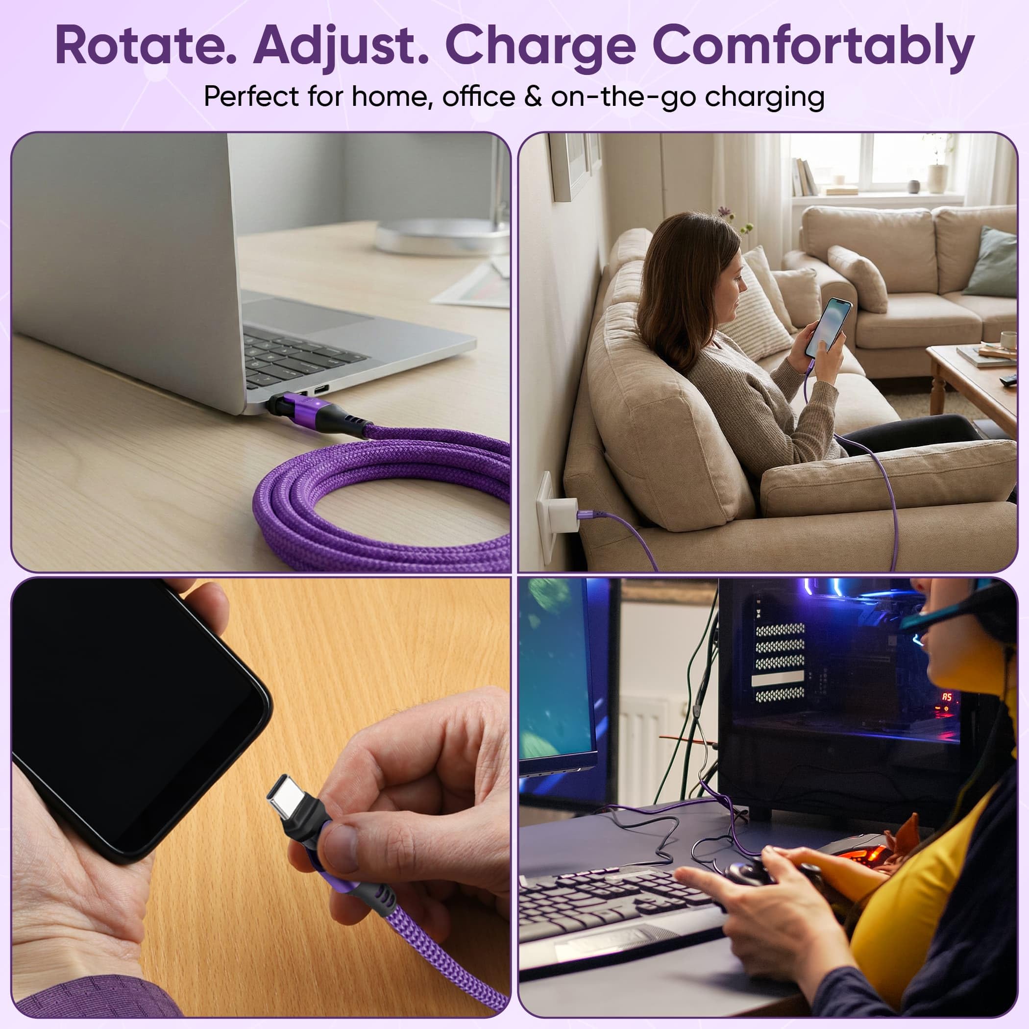 USB Cable Type C to C 180° Rotation PD 240W (2- Pack 6+6ft) USB2.0 480MBPS & Data Transfer Cable Phone Charge Cord for Type C Devices (Purple): 3FT X2 Purple