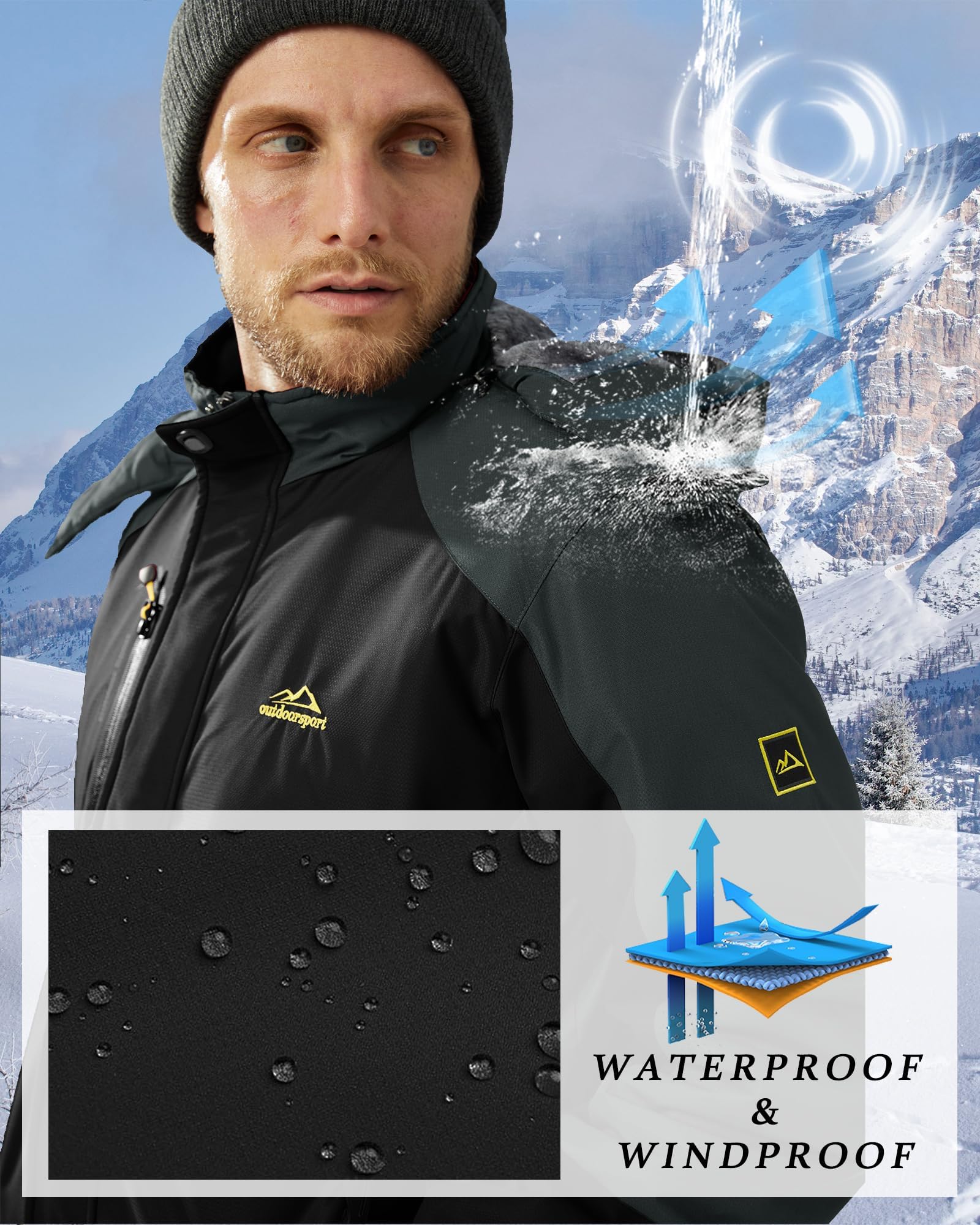 Chaqueta Invierno Hombre Impermeable Esquí con Forro Cálido y Capucha Extraíble