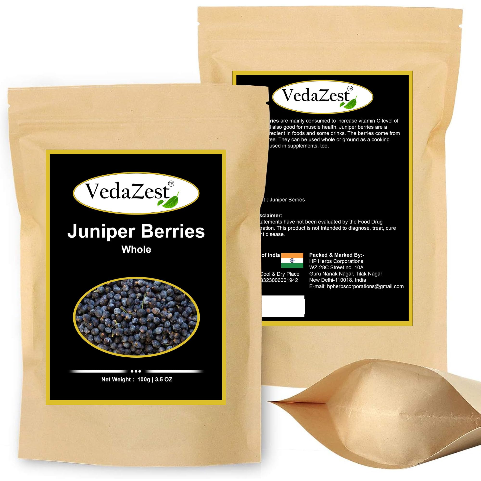 VedaZest Whole Juniper Berries, 3.5oz (100g) - Organic Juniper Berries, Great for Cooking, Spicing, Tea, Syrup, Meat, Beef, Turkey, Soups, and More- Resealable Bag
