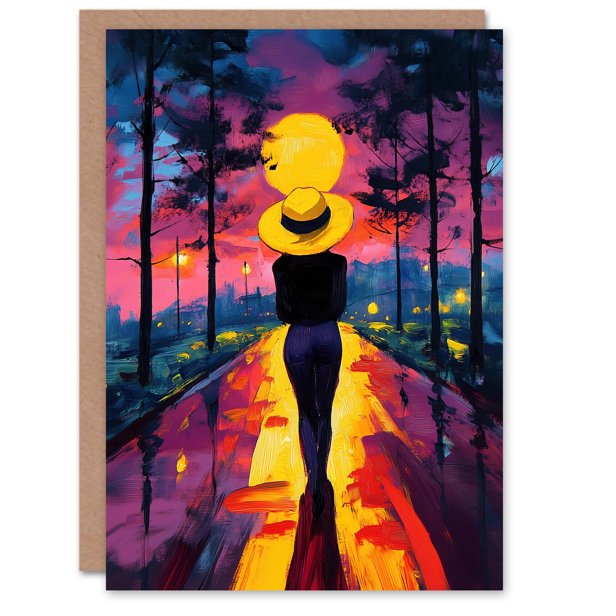 Artery8 Greeting Card Woman Walk Into Sunset Colourful Vibrant Painting For Her Woman Birthday Card