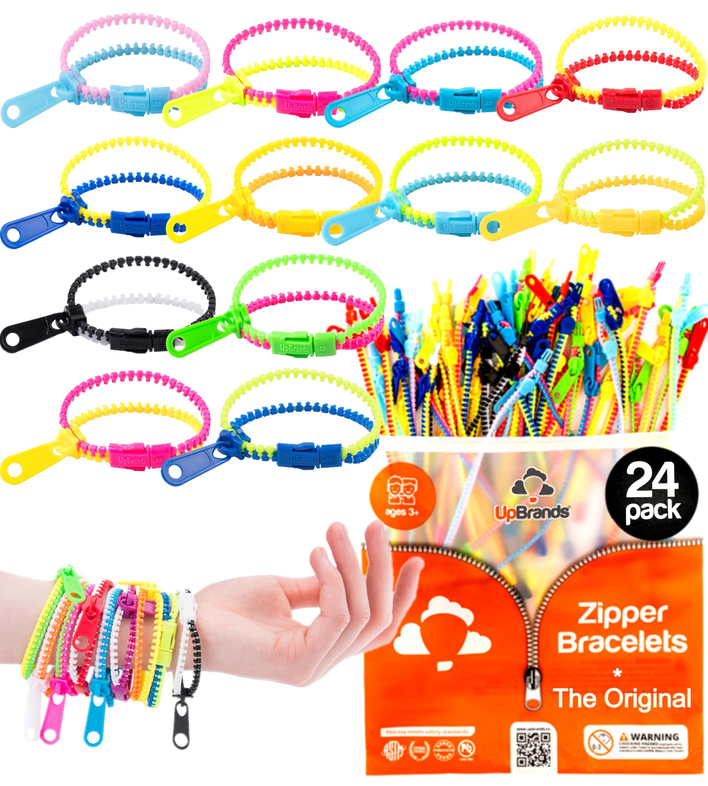 24 Fidget Toys Zipper Bracelets 7.5 Inches, Easter Basket Stuffers, Sensory Toys Bulk Set, Neon Colors, Kit for Birthday, Party Favors for Kids, Easter Egg Fillers