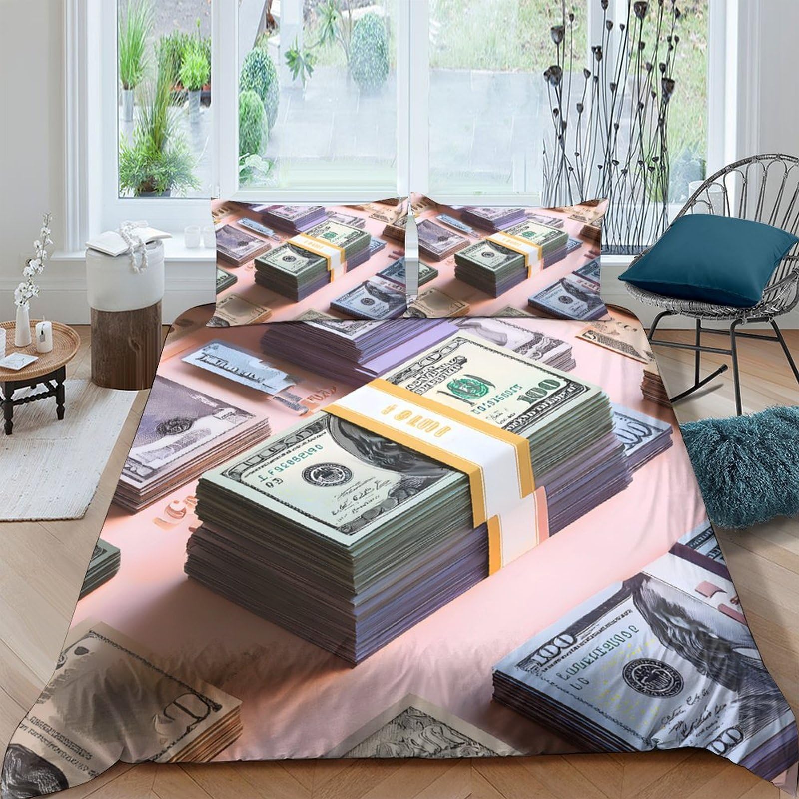 Ctjqhvkz Style-8 3D Printed Money Stack Fitted Sheet Microfiber Soft Bedroom Decor Dollar Bill Bed Cover Slip Resistant Machine Washable Single（135X200cm）