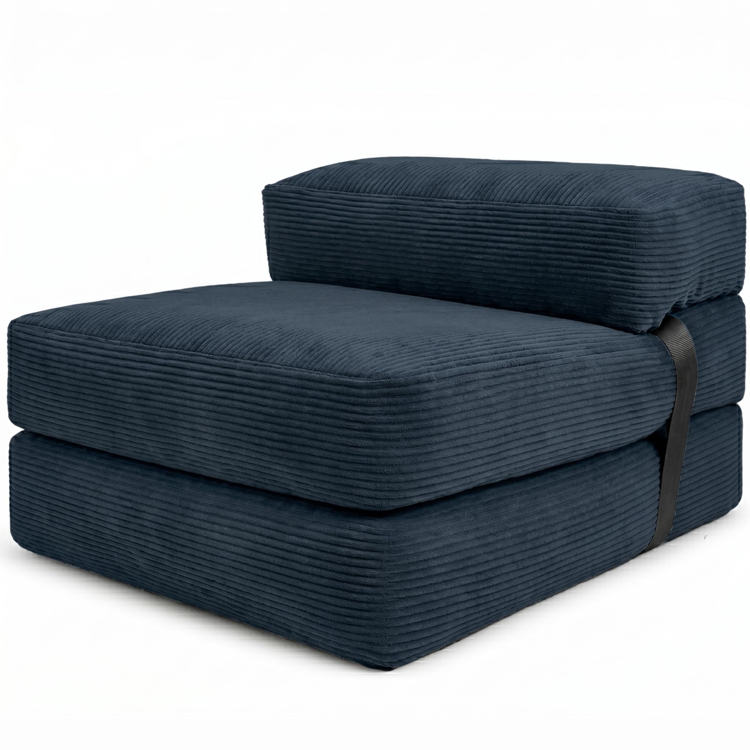 bananair - Sofá Cama 1 Plaza Convertible - Cama Individual Desfundable en Terciopelo Acanalado - Sillon Una Plaza, Futón Japonés Práctico y Confortable, Acolchado en Espuma (70 x 190 cm, Azul)