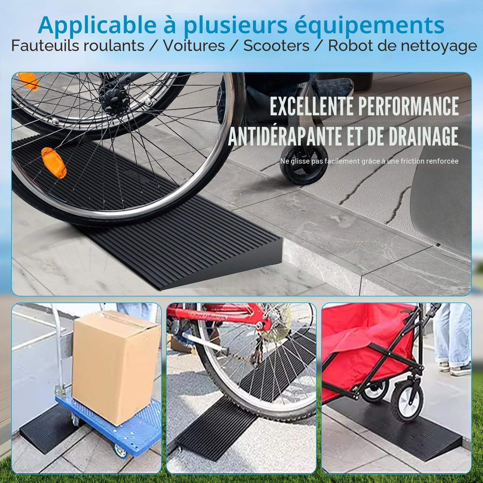 Profilé de transition 90 x 8 cm - Pour seuils de porte - Autocollant - Hauteur : 1 à 3 cm - Pour sols (1, noir, 90 x 8 x 3 cm)