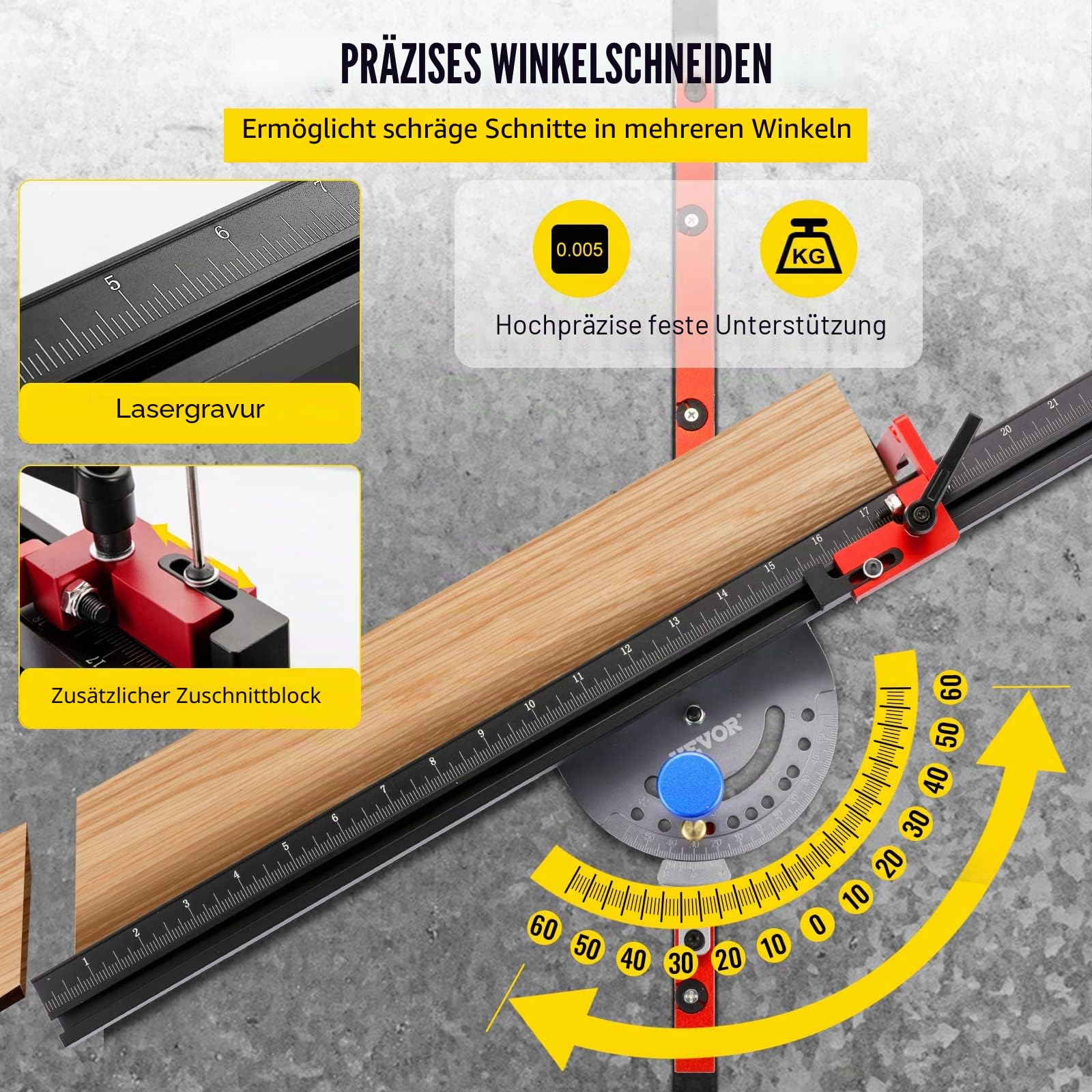 VEVOR Gehrungslehre Tischkreissäge 450mm, Miter Gauge Lasermakierung, Winkel 60° verstellbar, Präzision Ablängen, Winkelanschlag Holzverarbeitung Zubehör, Gehrungsanschlag, Aluminiumlegierung, 2,2 kg