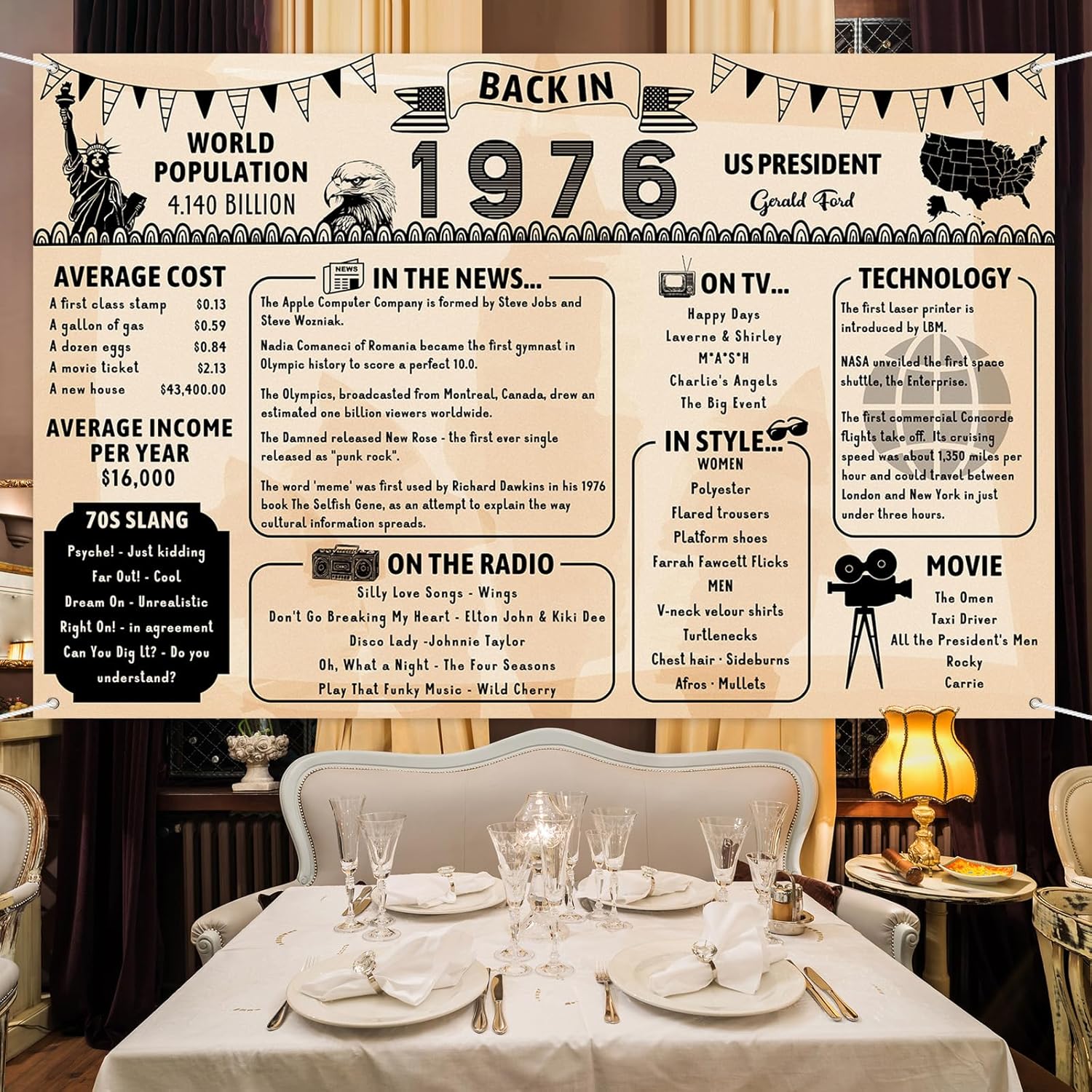 Back in 1976 Backdrop Large Wall Banner, Retro Style Happy 50th Birthday Wedding Anniversary 50 Years Class Reunion Poster Background for Men Women Party Decorations Supplies - Image 5