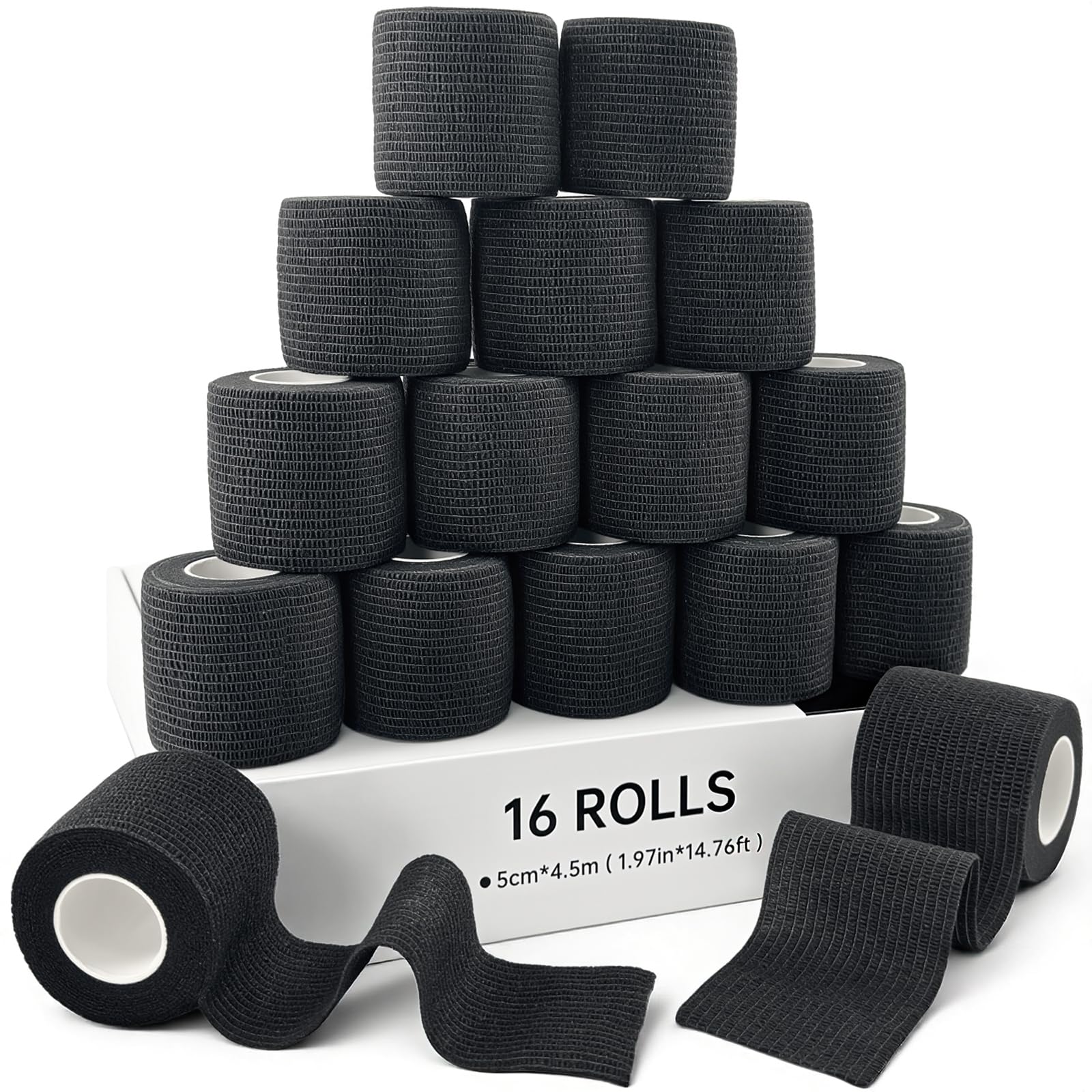HONYAO Selbstklebender Verband 16 Rollen, 5cm x 4,5m Verbandsmaterial, Selbsthaftender Verband für Hund Katze Pferde, Elastische Binde für Handgelenk Knöchel Sport Erste Hilfe, Schwarz