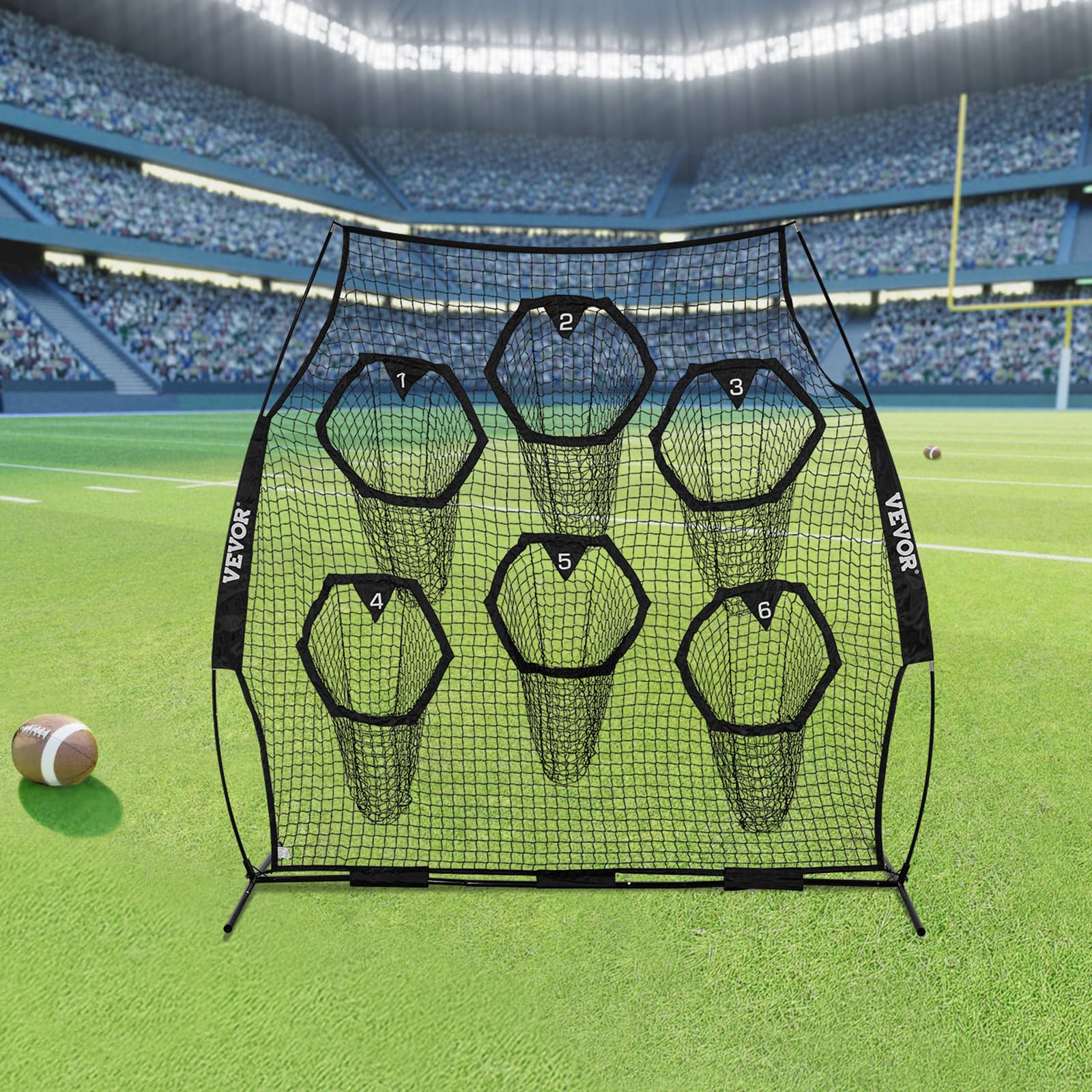 VEVOR Filet d'entraînement pour Football 274 x 243 cm, Filet de Lancer de Rugby avec 6 Poches pour cibles, sans nœuds, Sangles et étui de Transport Inclus, pour améliorer la précision de Lancer, Noir