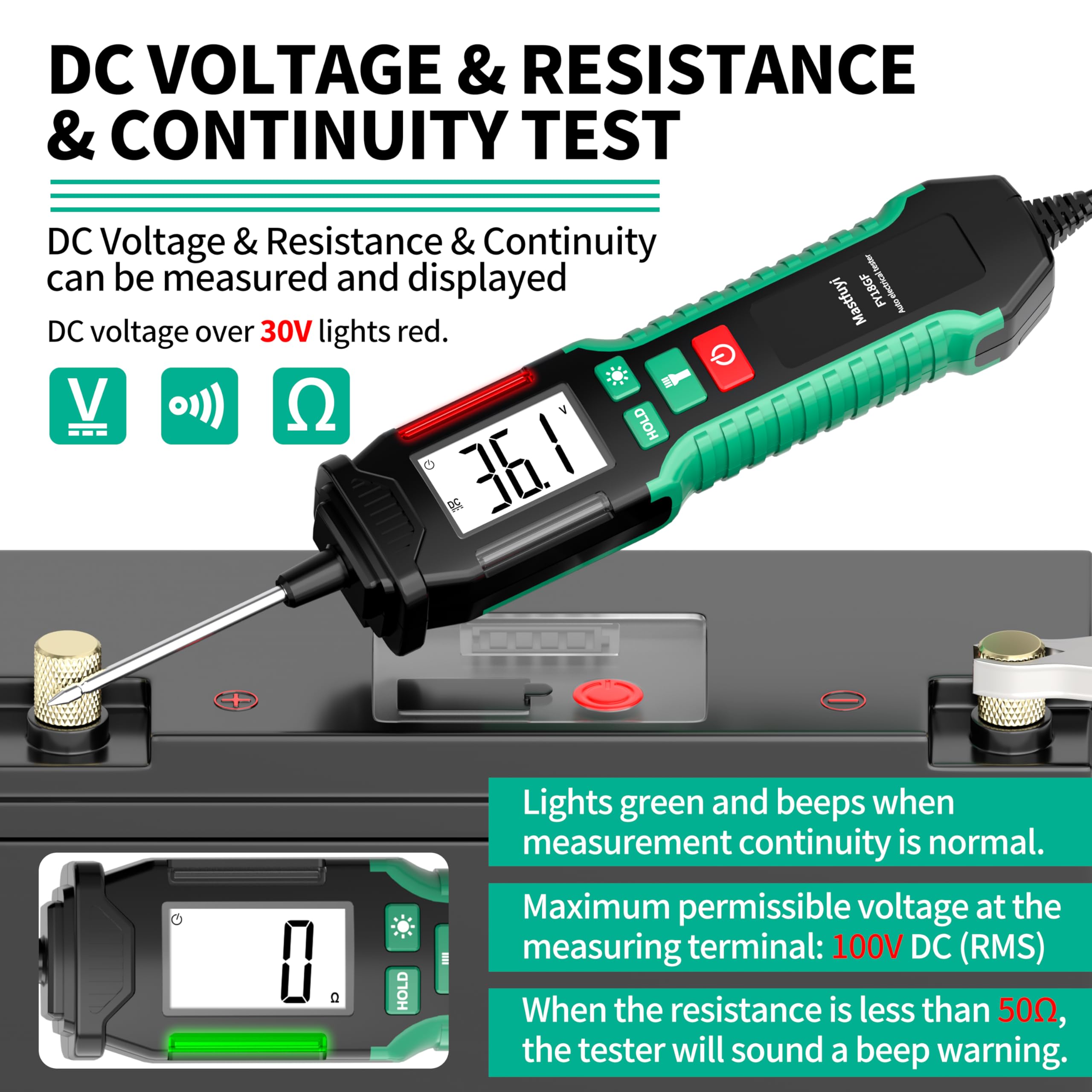 Lápiz Comprobador de Voltaje para Coche, 0,8 V-100 V CC Probador de Circuito Digital LCD Retroiluminado, Probador de Luz con Voltímetro, Probador de Voltaje Bidireccional Automático