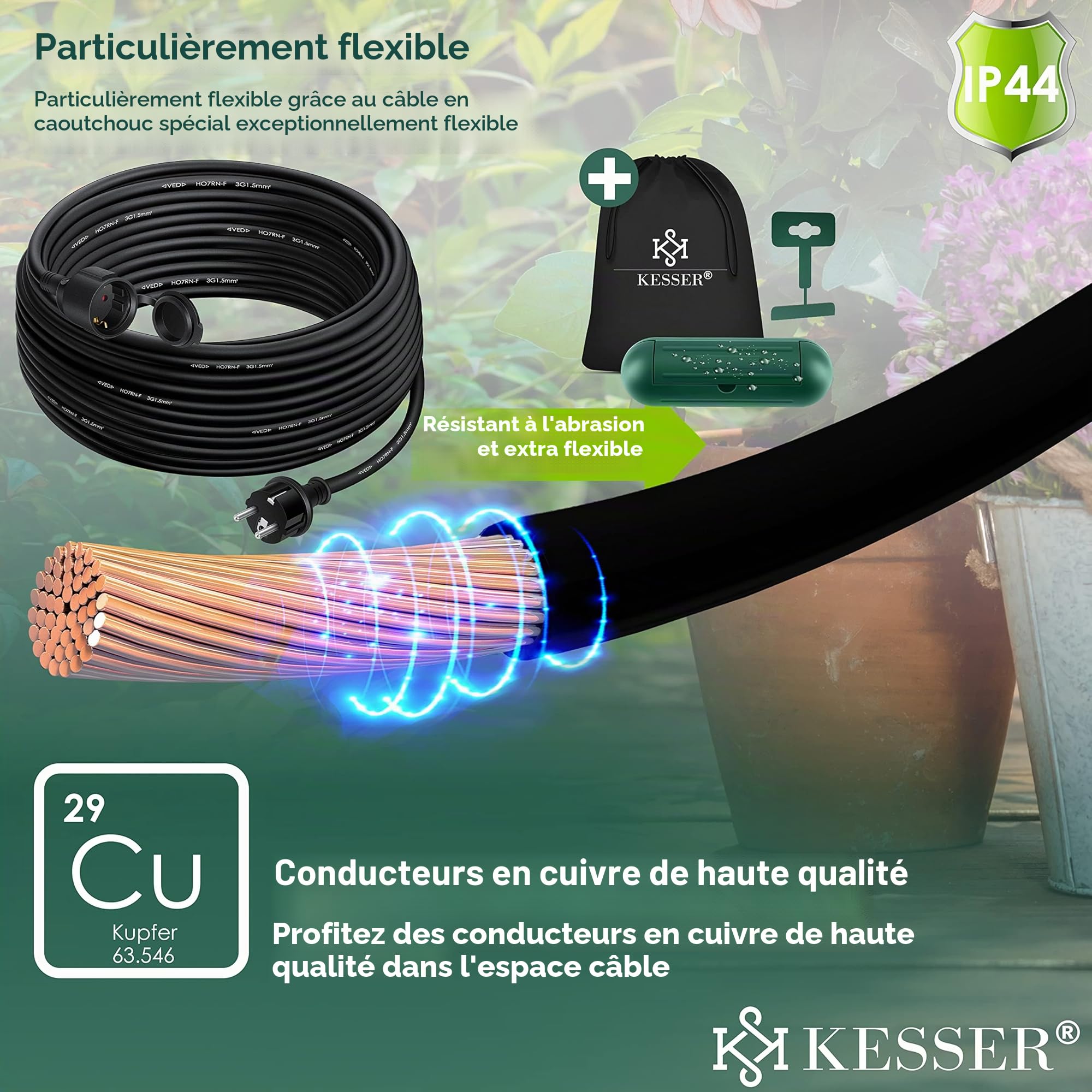 KESSER Rallonge 3 Prises 250 V IP44 40m Noir Câble électrique extérieur