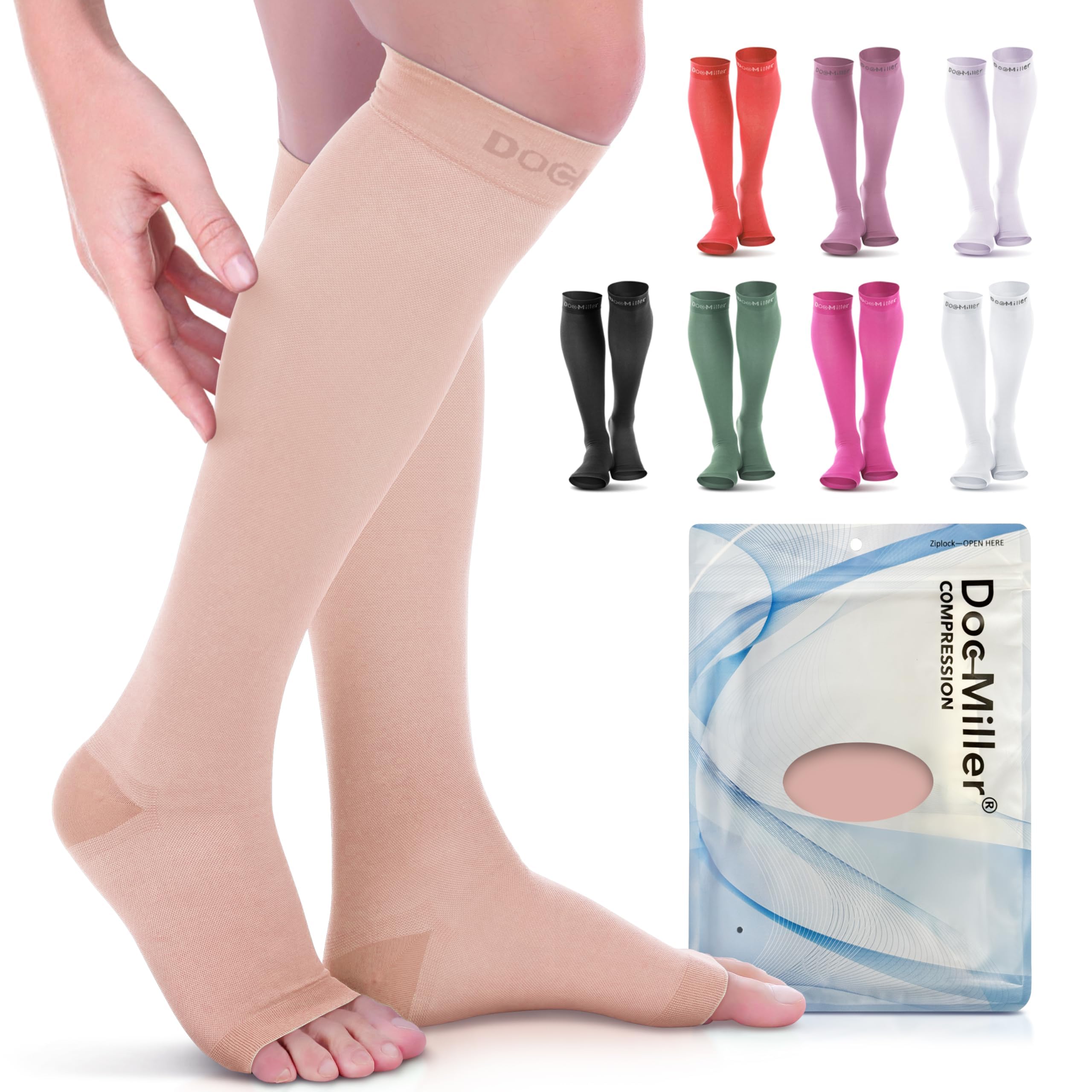Doc Miller Open Toe Compression Socks, 20-30 mmHg, Knee High, Men &amp; Women