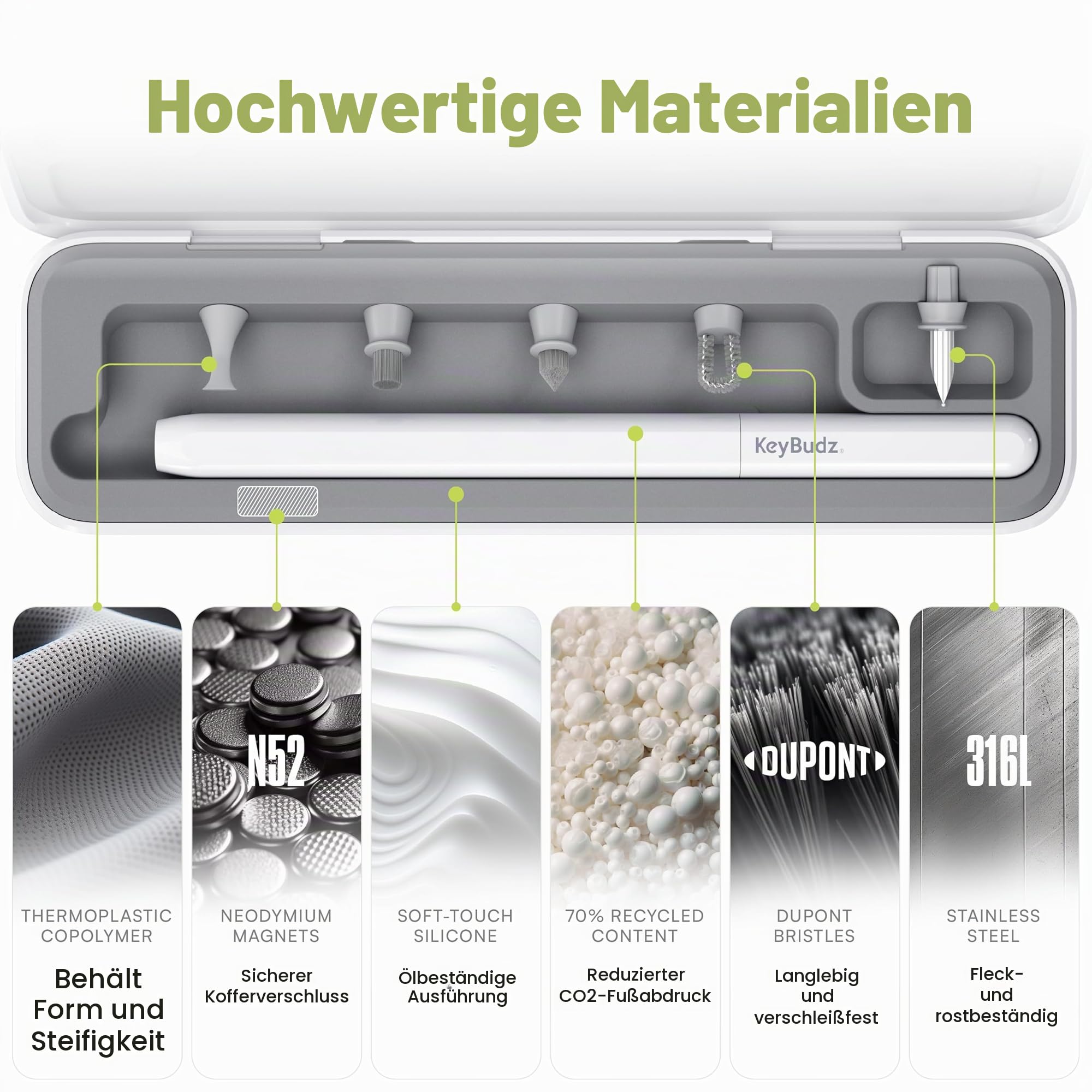 KeyBudz AirCare 2.0 AirPods-Reinigungsset/Patentierter Multi-Tool-Reiniger, austauschbare Bürstenaufsätze für AirPods, iPhone & Apple-Geräte mit Reinigungsknete Hartschalenetui & Aufbewahrungsbeutel