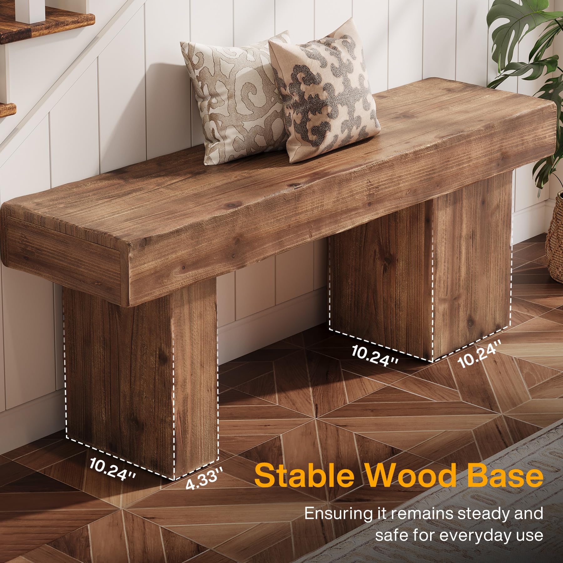 Thickened Solid Wood Bench, 47" Rustic Farmhouse Entryway Bench with Artistic Legs, Heavy Duty Dining Bench for Kitchen, Living Room, Hallway, End of Bed, Natural Wood