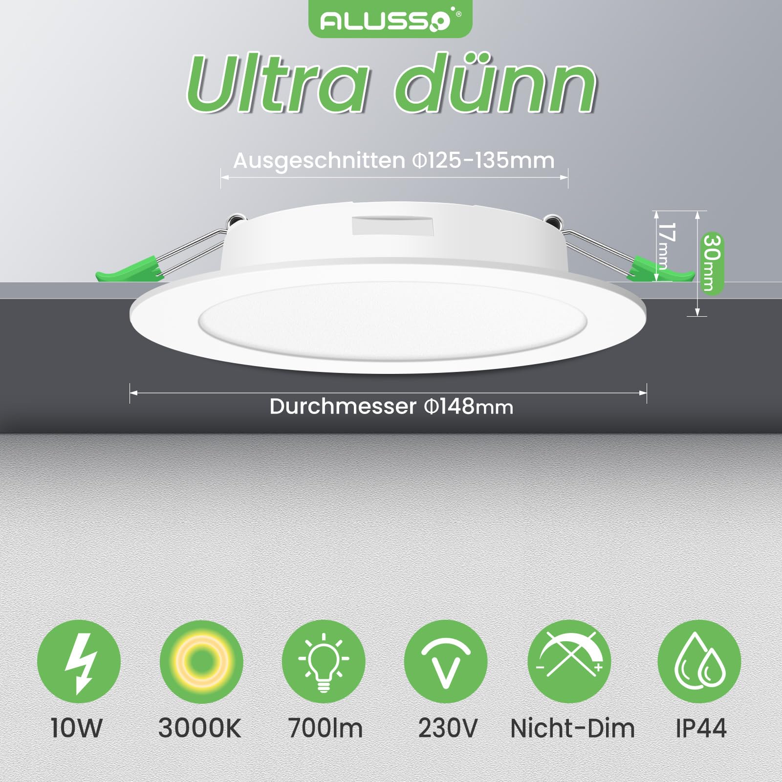 ALUSSO Faretti LED da Incasso per Cartongesso, Ultrasottili 10W IP44 3000K Bianco Caldo Faretti LED Soffitto, AC220-240V, Diametro Foro Ø125-135mm, Rotondo Bianco, Set di 6