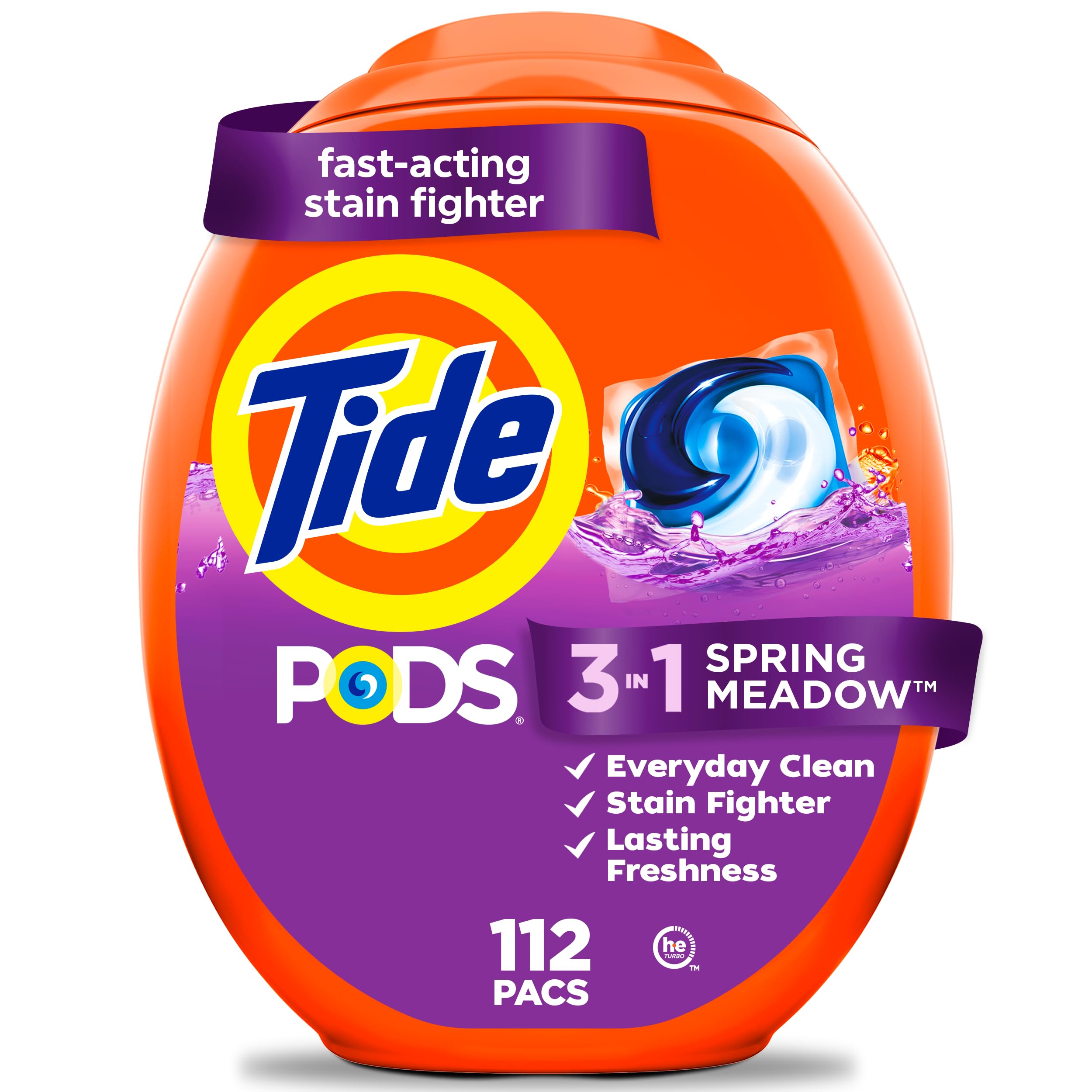 Tide PODS laundry detergent pacs, 3-in-1 Stain Remover, Odor Fighter, Color Protector, 112 Count, HE compatible, Spring Meadow Scent