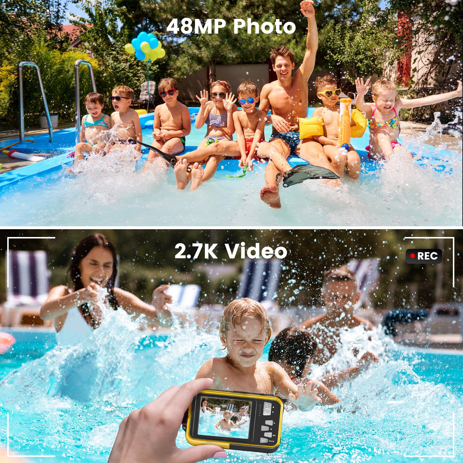 Camara Acuatica, 10 pies 1080P Full HD 2.7K 48MP Camara Sumergibles 16X Digital Zoom Cámara Impermeable Digital con Pantalla Dual para Selfie Bajo el Agua Natación Buceo