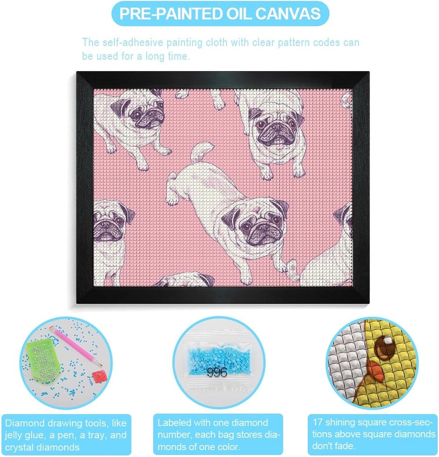 Pug Dogs Lying Down Standing Up Printed Diamond 5D Painting Kits DIY Full Drill Crafts for Home Wall Decor 16x20 Inch Blackwood 50 * 40cm