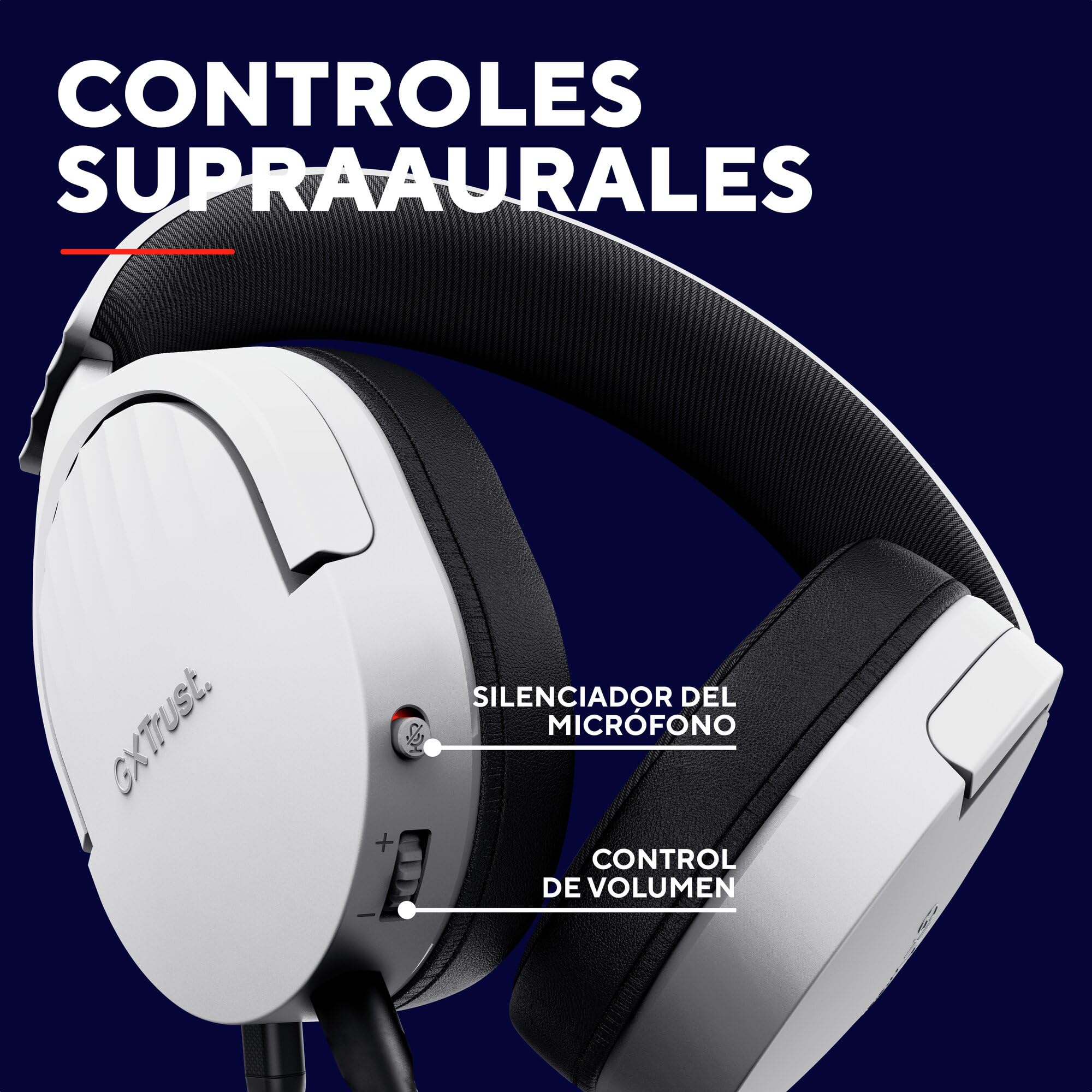 Trust Gaming GXT 489W Fayzo Cascos Gaming para PC, PS5, PS4, Xbox Series X|S, Switch, Mobile, 3.5 mm, 35% Plástico Reciclado, Auriculares Over-Ear Micrófono con Cancelación de Ruido - Blanco