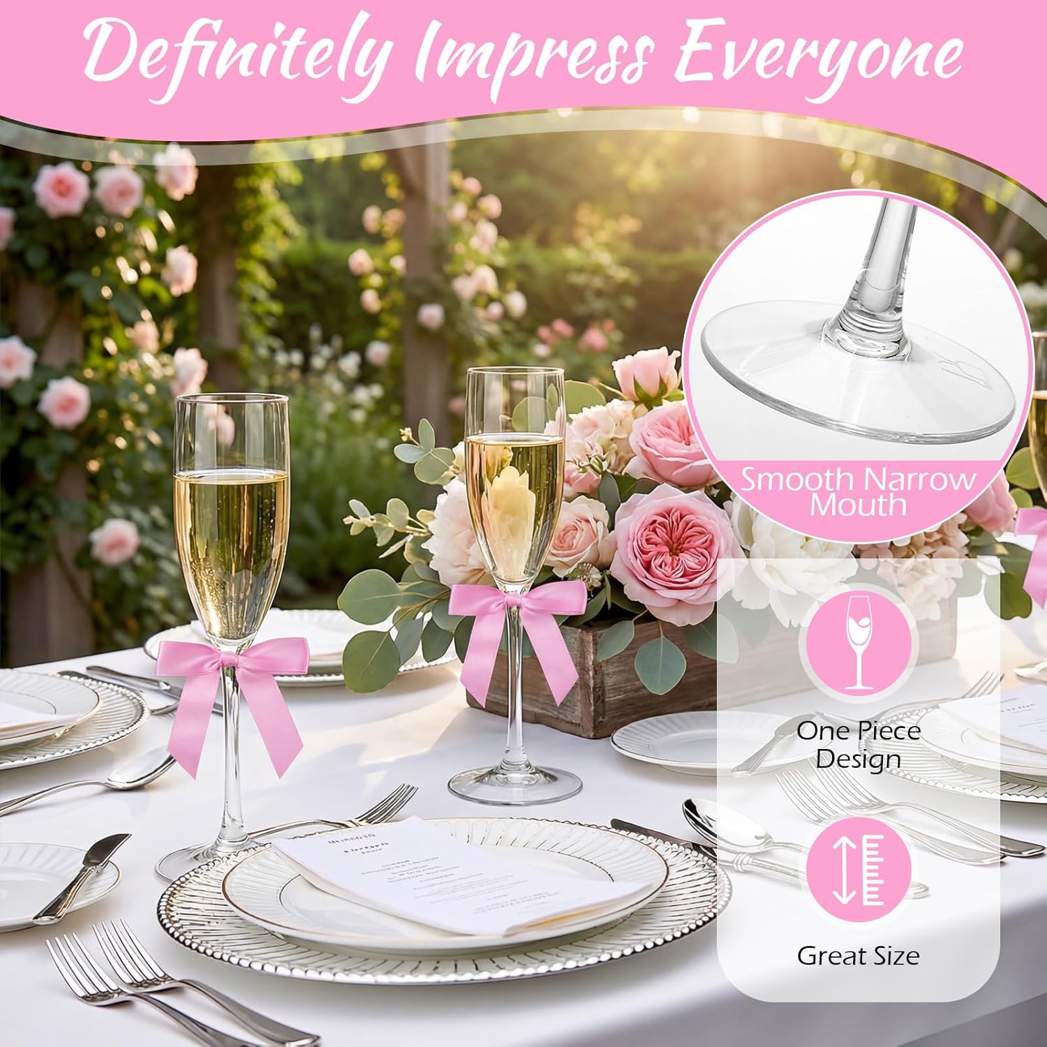 Zopeal Plastic Reusable Champagne Flute Glasses 6 oz and 50 Pcs Bow Set Acrylic Wedding Toasting Goblet 3.5" Bow Unbreakable Wine Cup for Bachelorette Bridal Shower Party(Clear and Pink)