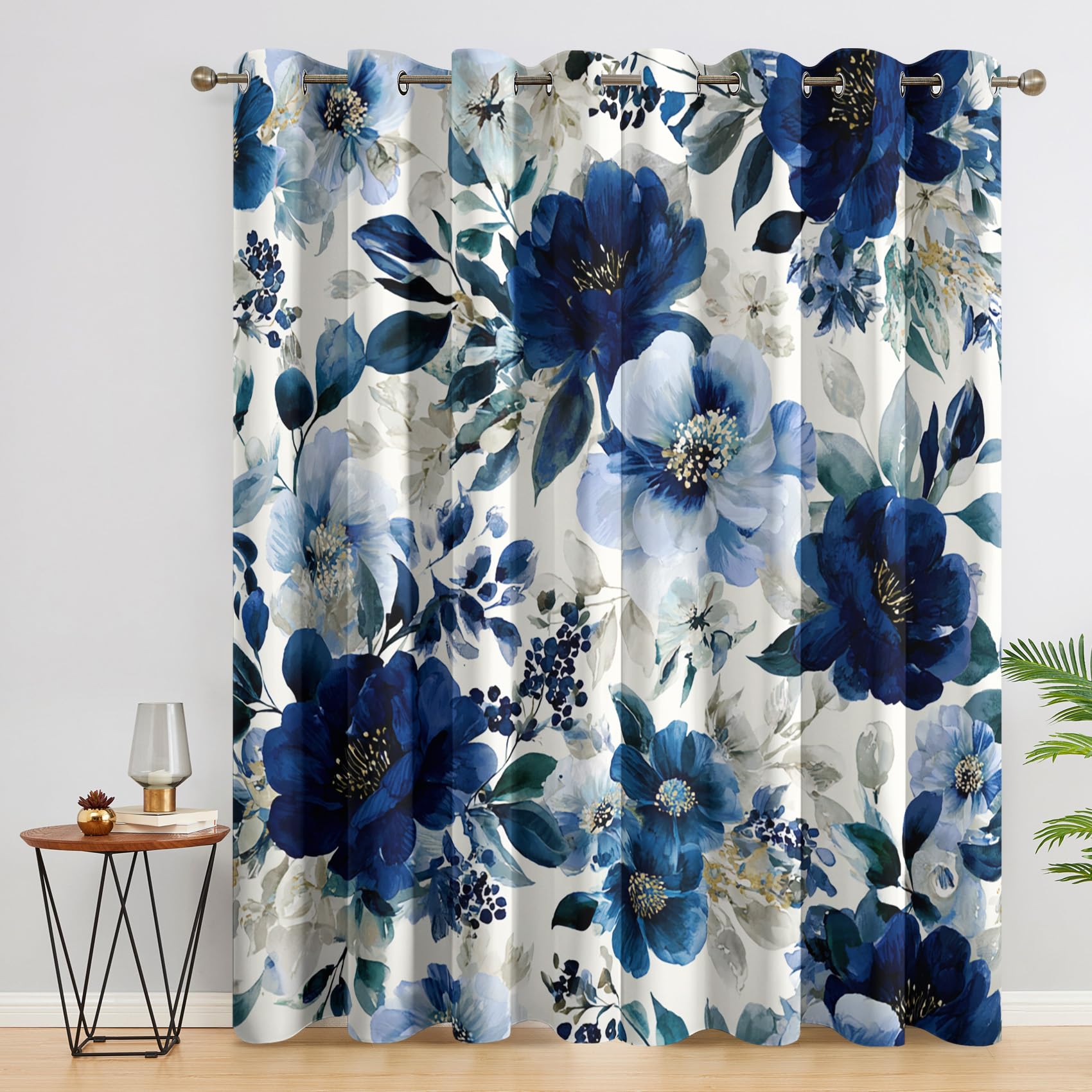 Generisch Blickdichte Vorhänge Aquarell Blume Muster, H 160 x B 140 2er Set - Blaue Blume Natur Fenster Gardinen mit Ösen, 160 cm Lang Curtains Wohnzimmer Schlafzimmer Deko S&ZA-85
