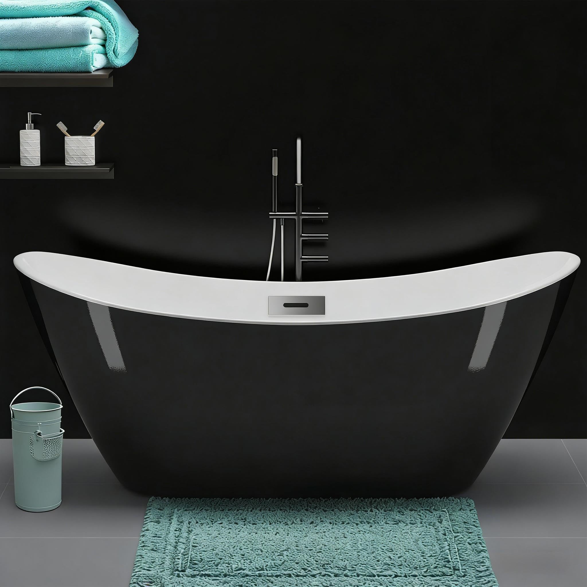 67 Inch Acrylic Freestanding Bathtub, Soaking Tub, Stand Alone Bathtub with Chrome Drain and Overflow, Modern Deep Upright Bath Tub for Bathroom, Easy Clean, Elegant Style, Black