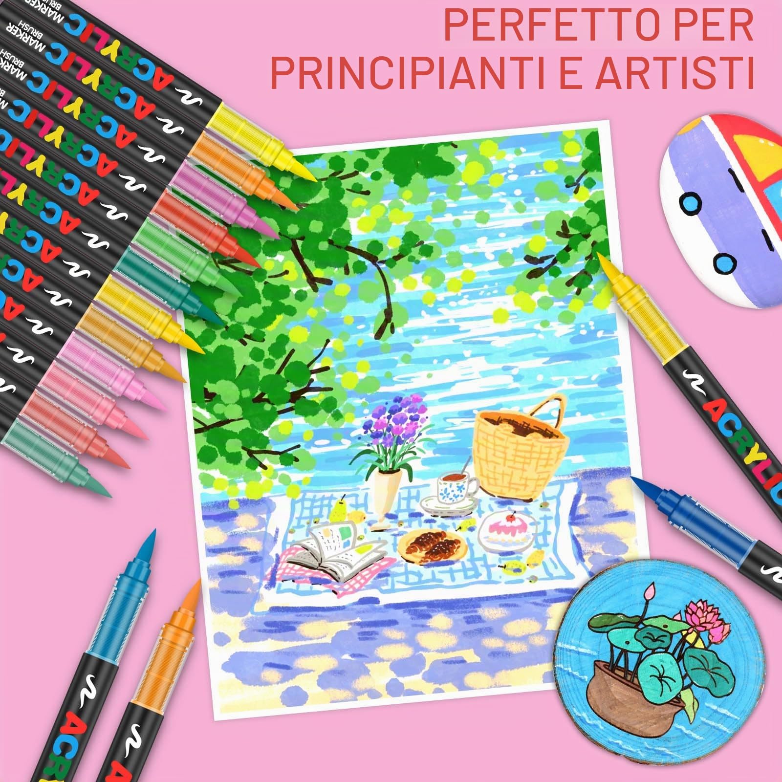Pennarelli Acrilici 240 Colori Acrylic Marker Brush Pen per Dipingere Sassi, Tessuti, Metallo, Vetro, Legno, Tela, Ceramica, Plastica, Atossici e Inodori