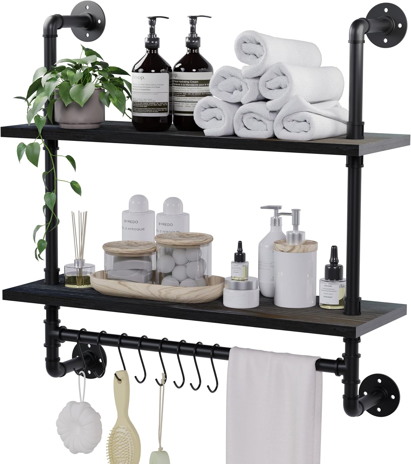 ROGMARS Industrial Pipe Shelves Shelving,24" Black Floating Shelves for Bathroom with Towel Bar Hooks,Kitchen Wall Shelves Coffee Bar Shelves Wall Mounted for Wall Decor,Living Room Bedroom Black 24 inch 2 tier
