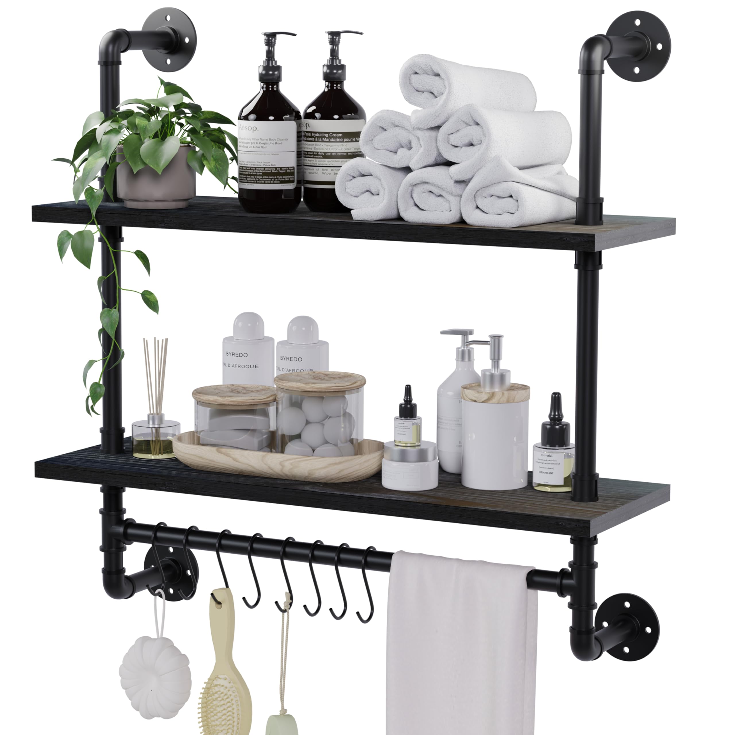 ROGMARS Estantes industriales de tubería, estantes flotantes negros de 24 pulgadas para baño con ganchos para toallero, estantes de pared de cocina, estantes de cafetería, estantes montados en la