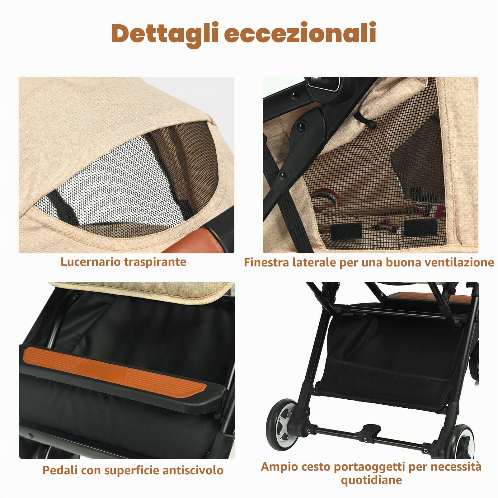 LIFEZEAL Passeggino Ultraleggero per Bambini 0-36 Mesi, Passeggino Compatto a Ombrello, per Viaggio, Aereo, Pieghevole, Regolabile, con Cintura di Sicurezza, Ruote, Freno, Parasole, Cesto, Beige