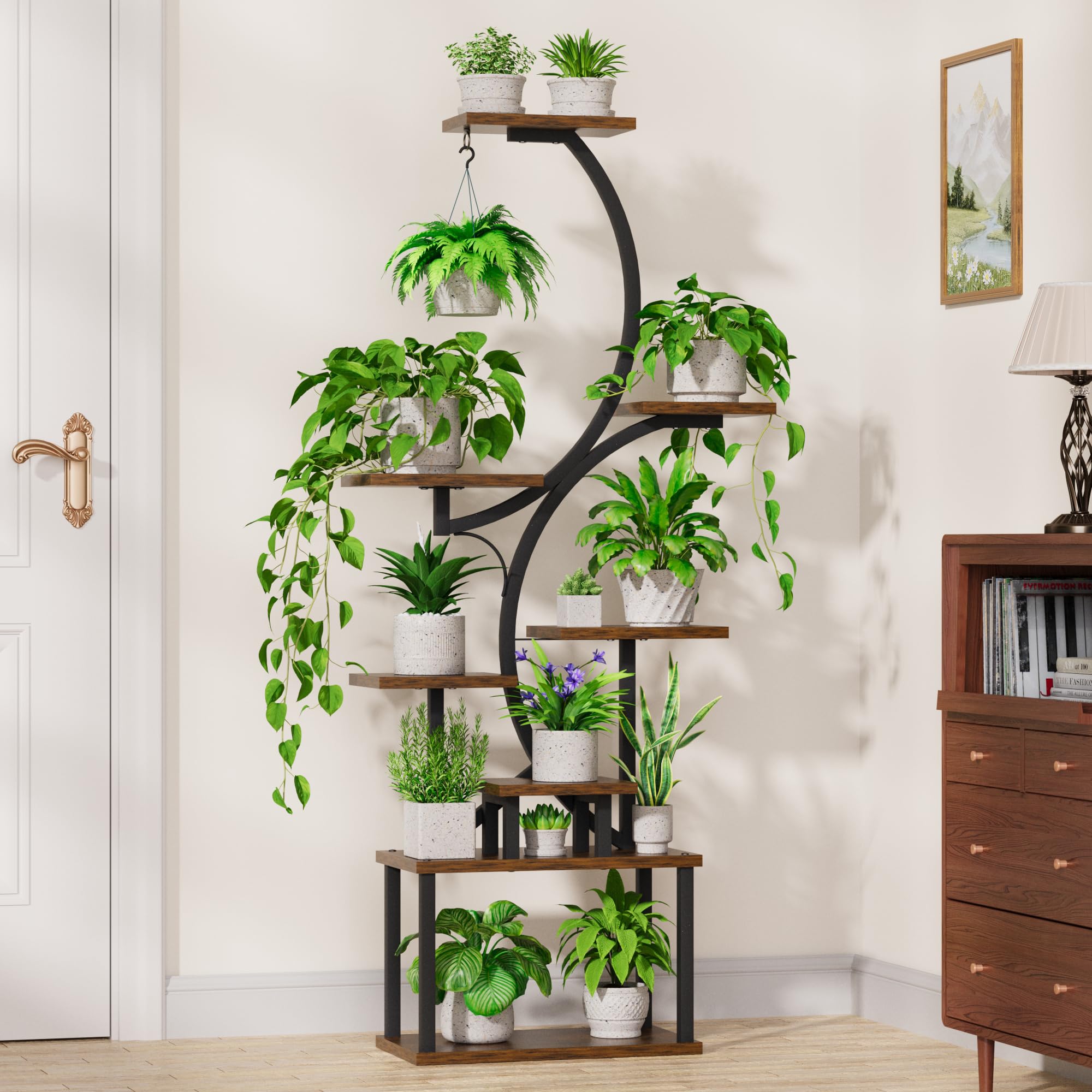 BACEKOLL Support pour Plantes d'Intérieur à 8 Niveaux - 157,5 cm de Haut, en Métal, Forme S pour Maison et Terrasse (Noir)