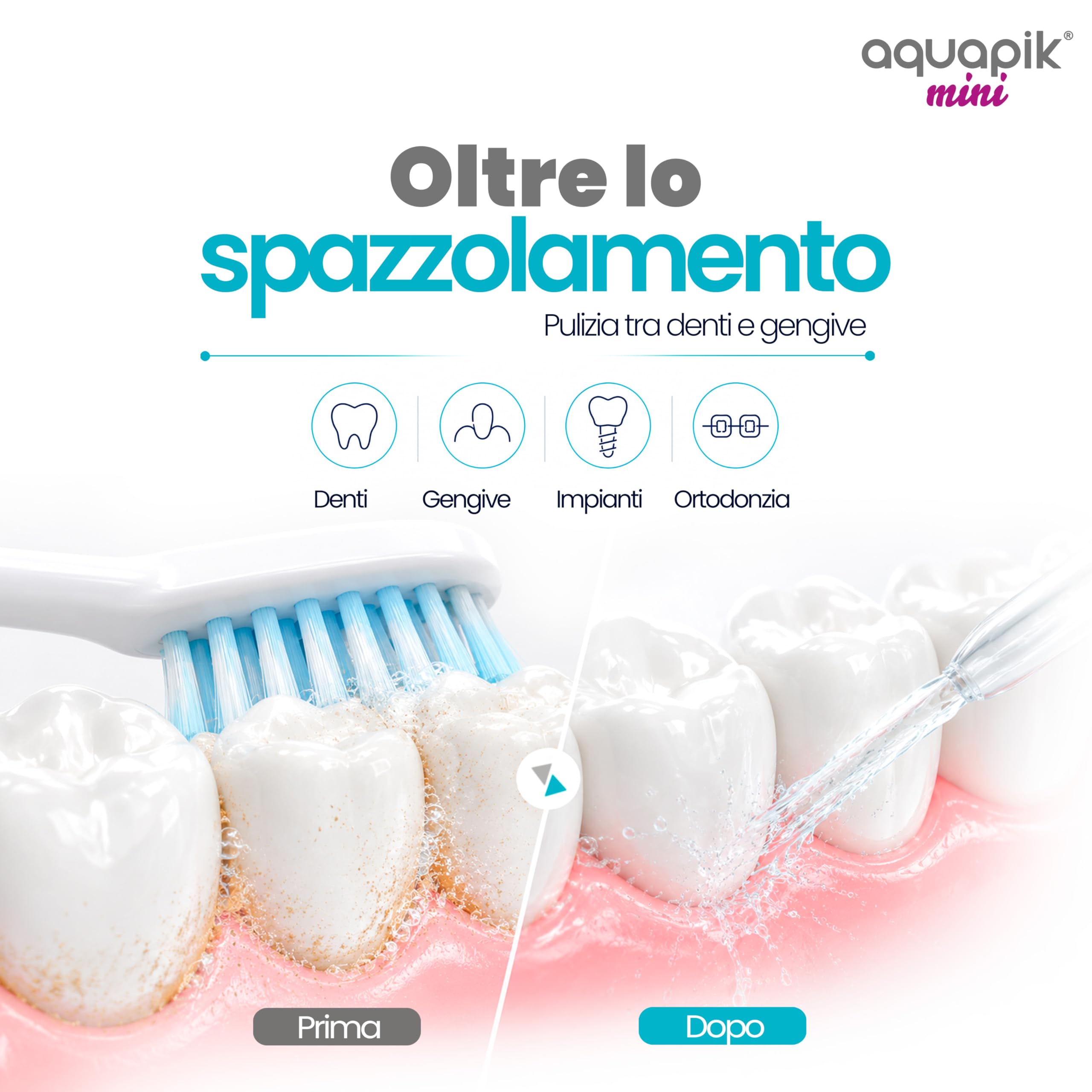 Aquapik® Mini Idropulsore Dentale/Orale Portatile 200 ml con serbatoio telescopico, ricaricabile USB-C, 3 modalità, impermeabile IPX8, ideale per viaggi e ufficio, pulizia profonda di denti e gengive