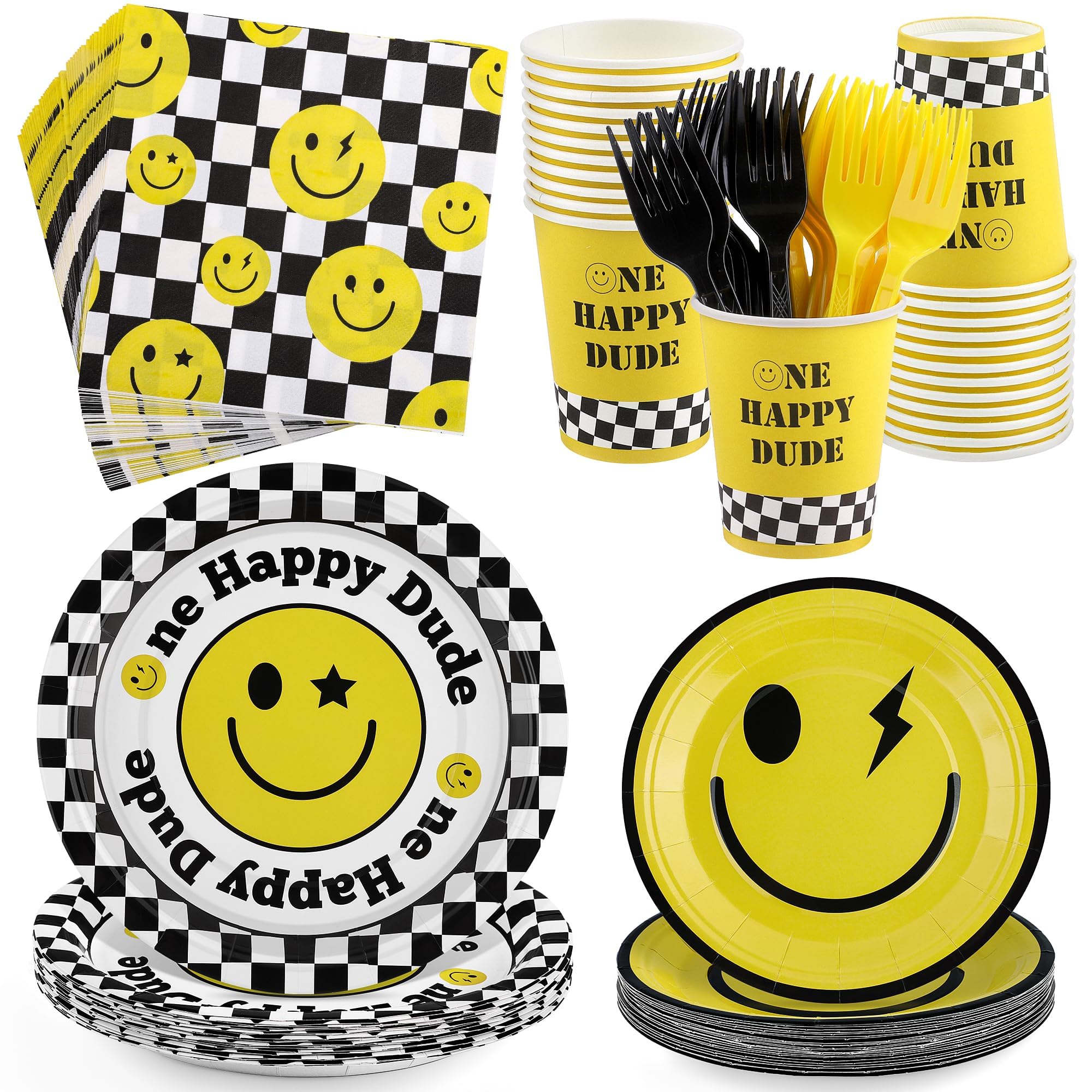 144 Pieces One Happy Dude Party Tableware Sets including Disposable Plates Napkins Cups Forks Serves 24 for Smiley Face 1st Birthday Preppy Party Decorations