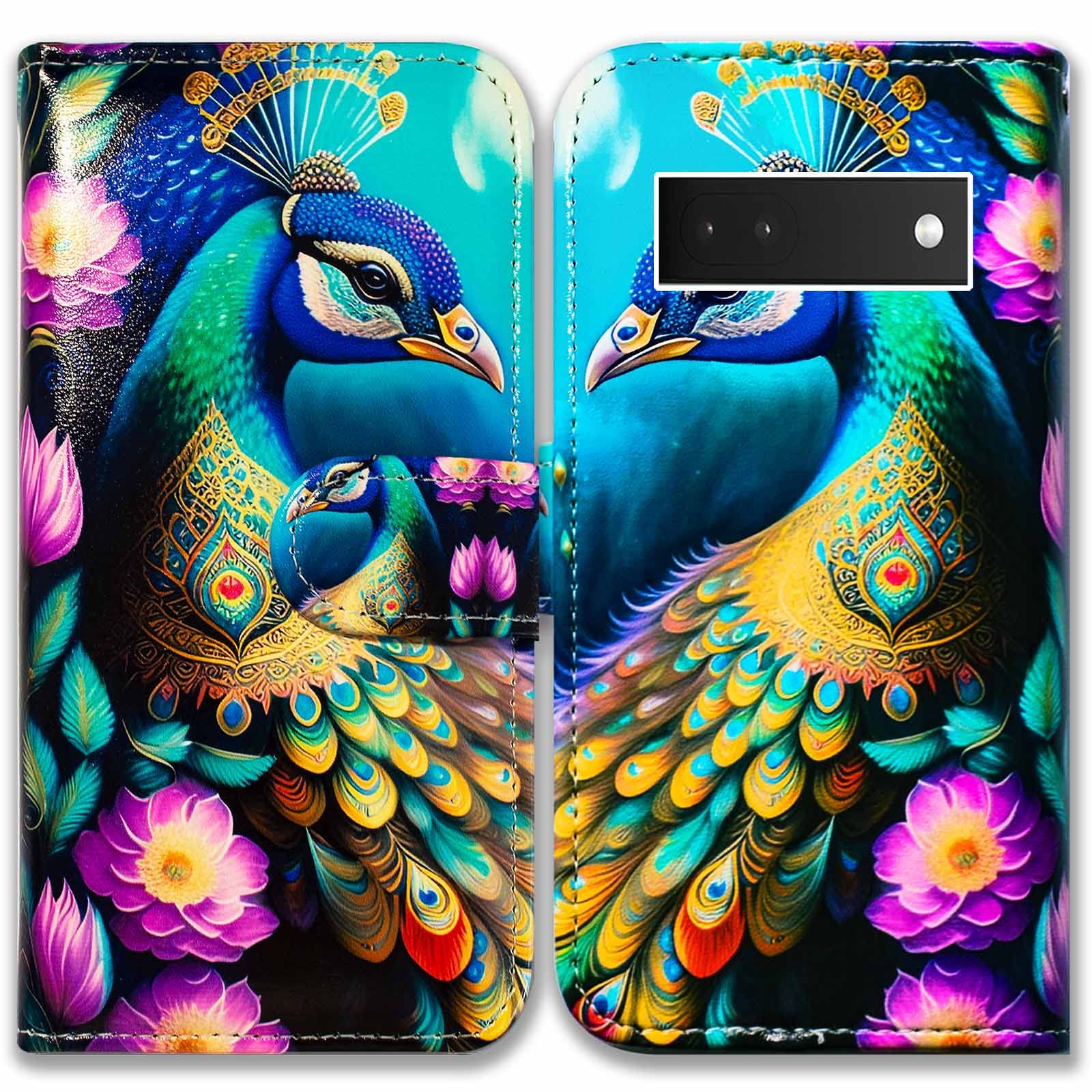 Bcov Case for Pixel 6a,Colorful Peacock Mandala Flowers Leather Flip Phone Case Wallet Cover with Card Slot Holder Kickstand for Google Pixel 6a