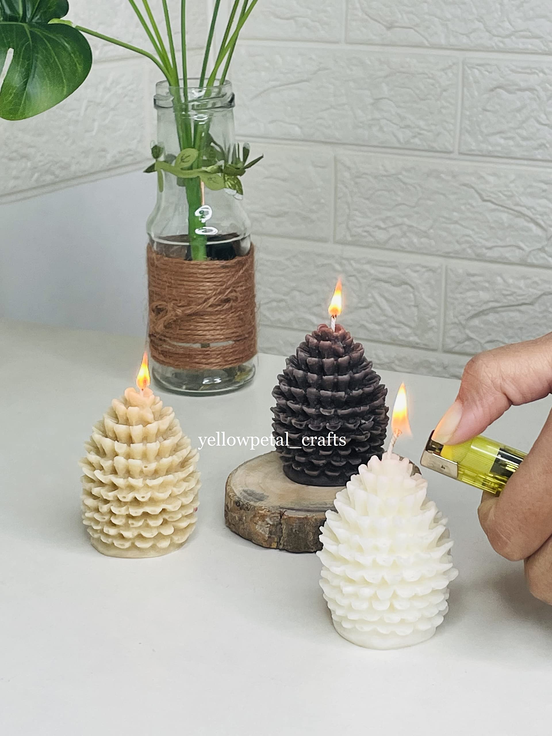 Yellow Petal Pine Cone Candle | White, Beige & Brown Color | Vanilla & Lemongrass Scented | Valentine & New Year Gift | 100% Soy Wax 55g (Pack of 3) 3