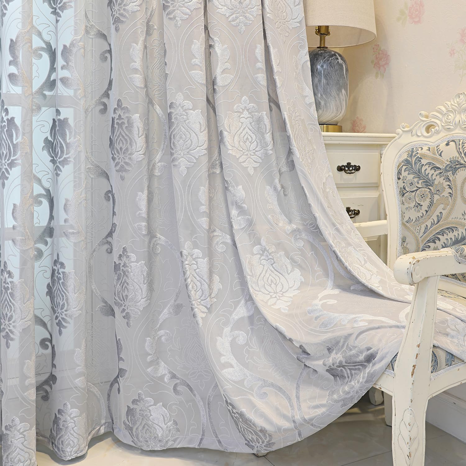 VOGOL Damask Sheer Curtains for Living Room, Timeless Floral Pattern Voile Drapes for Farmhouse, European Style Rod Pocket Window Treatments for Bedroom, 2 Panels, W52 x L63, Grey