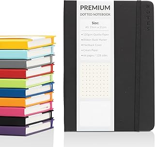 Bullet Journal A5 Dotted Notebook with Faux Leather Hardback Cover and Premium 120gsm Thick Dot Grid Paper (128 Cream Pages, Black)