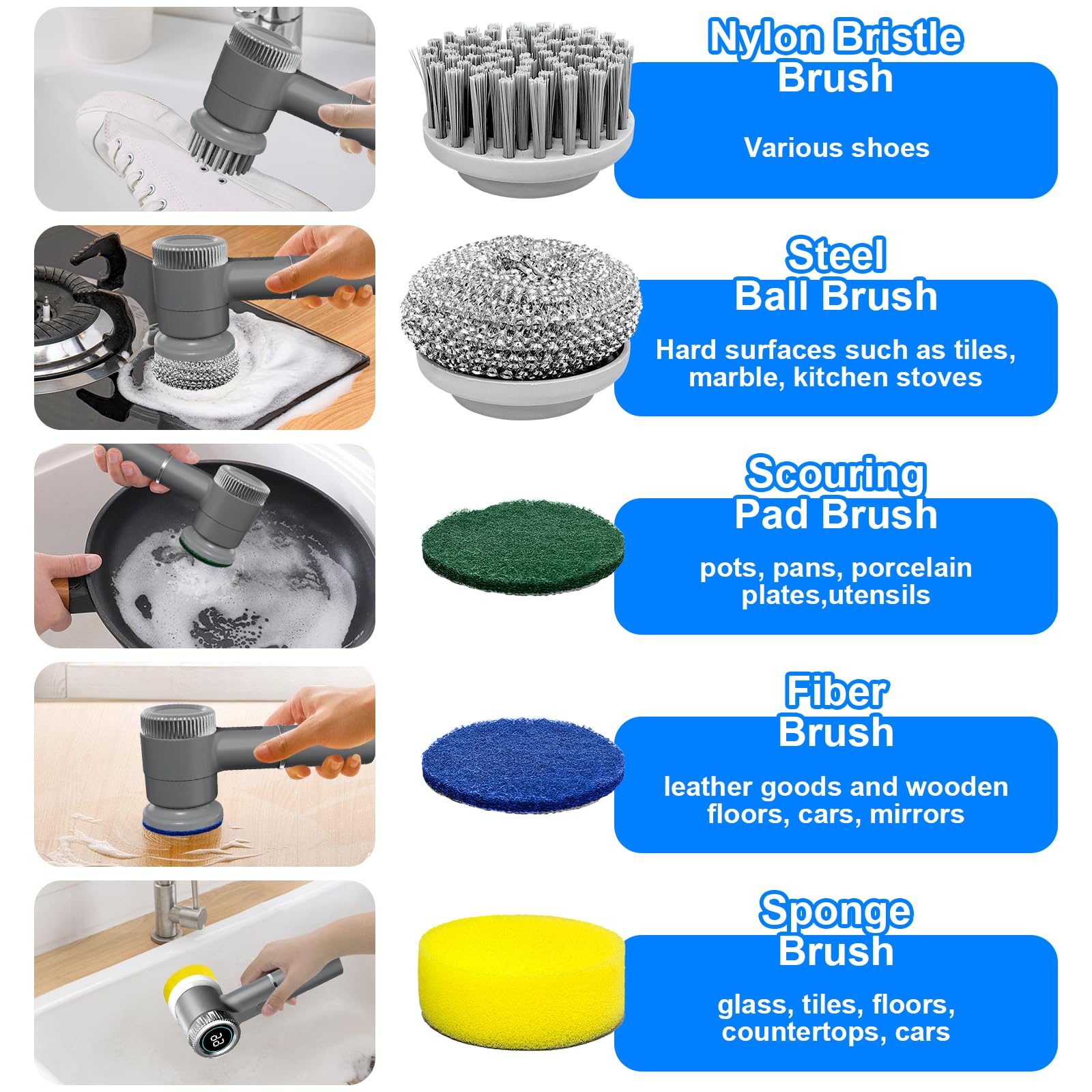 Fregador Eléctrico Giratorio, Cepillo de Limpieza Eléctrico Inalámbrico, Resistente al Agua, Pantalla Digital de Potencia, 5 Cabezales Reemplazables y 3 Velocidades Ajustables
