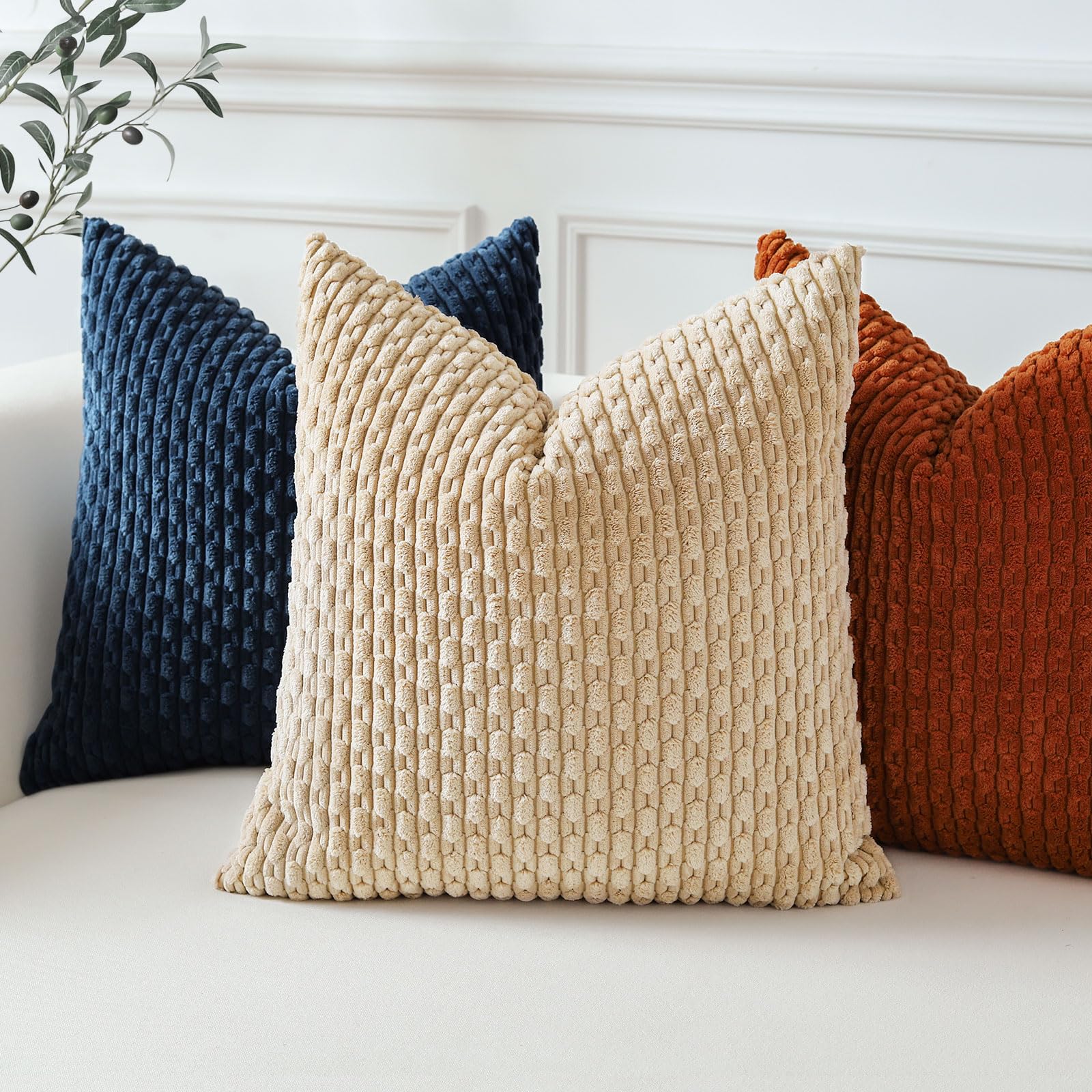 Sungeek Set of 2 Tan Soft Corduroy Decorative Cushion Covers Boho Striped Throw Pillow Covers for Sofa Couch Living Room Patio Farmhouse Home Decor Pillowcases 40x40cm - Image 2